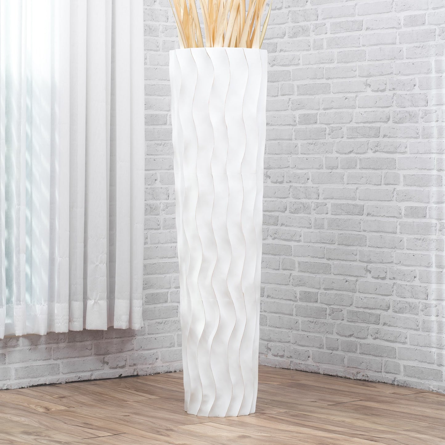 Large Mango Wood Floor Vase – Handcrafted Decorative Highlight from Thailand, white wash, 105 cm