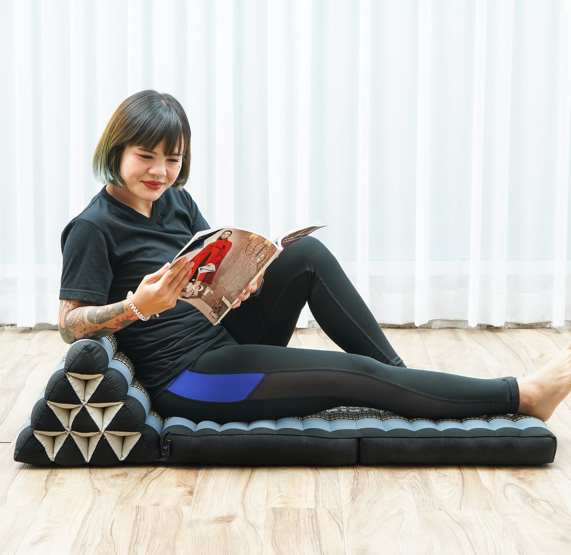 Thai Folding Mat with Triangle Cushion – Handmade Kapok Relax Mat for Sleeping, Reading & Lounging, Sf15 - Blue, 2 seating segments