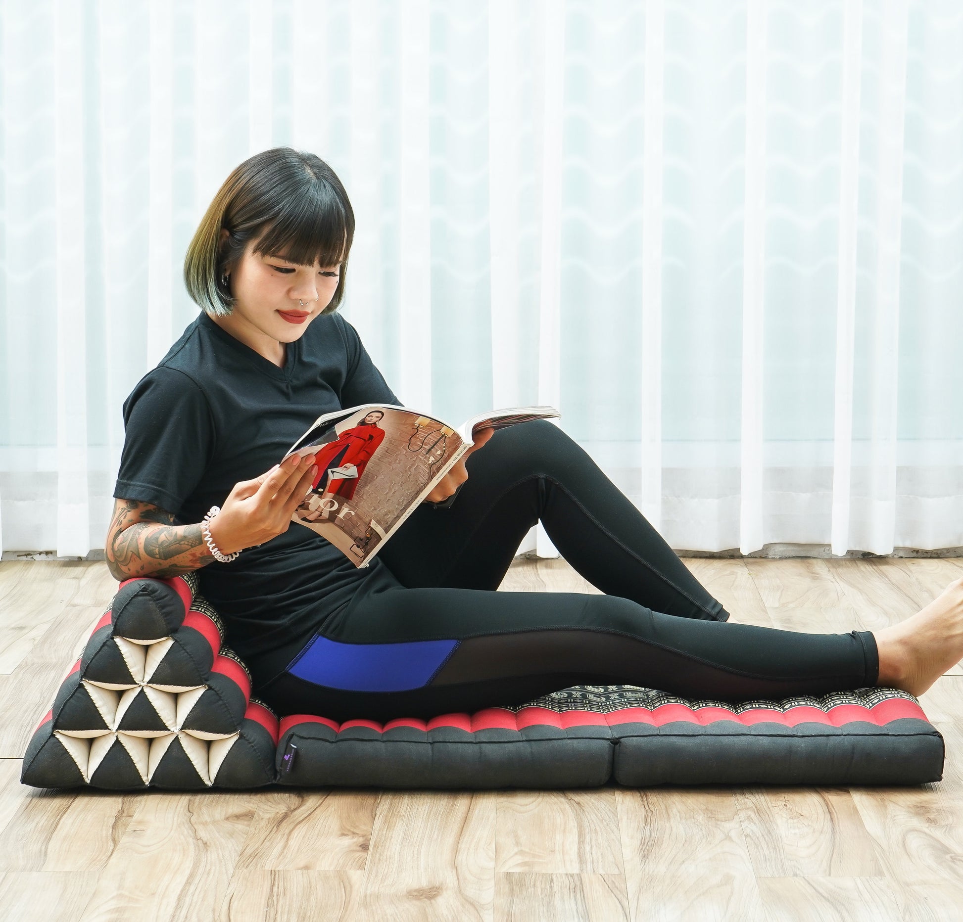 Thai Folding Mat with Triangle Cushion – Handmade Kapok Relax Mat for Sleeping, Reading & Lounging, Sf13 - Red, Black, 2 seating segments