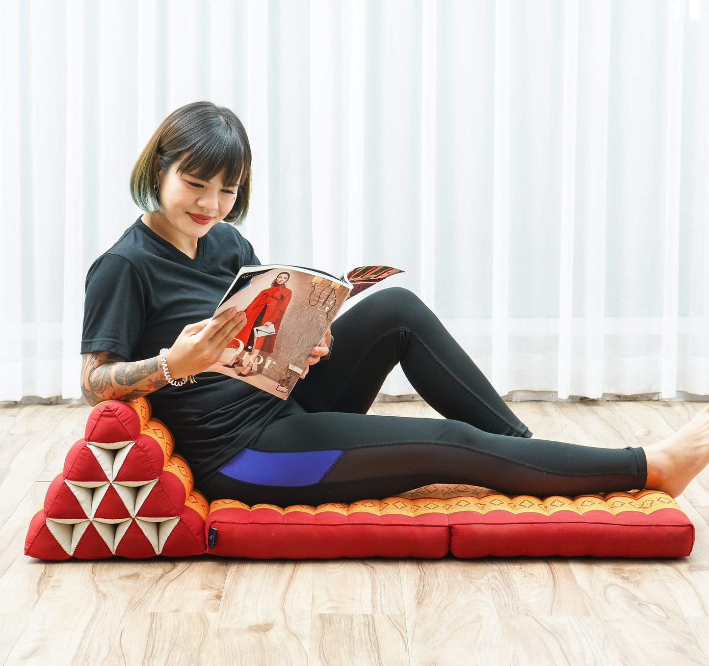 Thai Folding Mat with Triangle Cushion – Handmade Kapok Relax Mat for Sleeping, Reading & Lounging, Sf02 - Orange, 2 seating segments