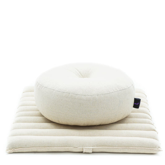 Compact Meditation Cushion Set Made of Kapok – Small Zabuton & Zafu with Cotton Cover, Cl01 - Ecru