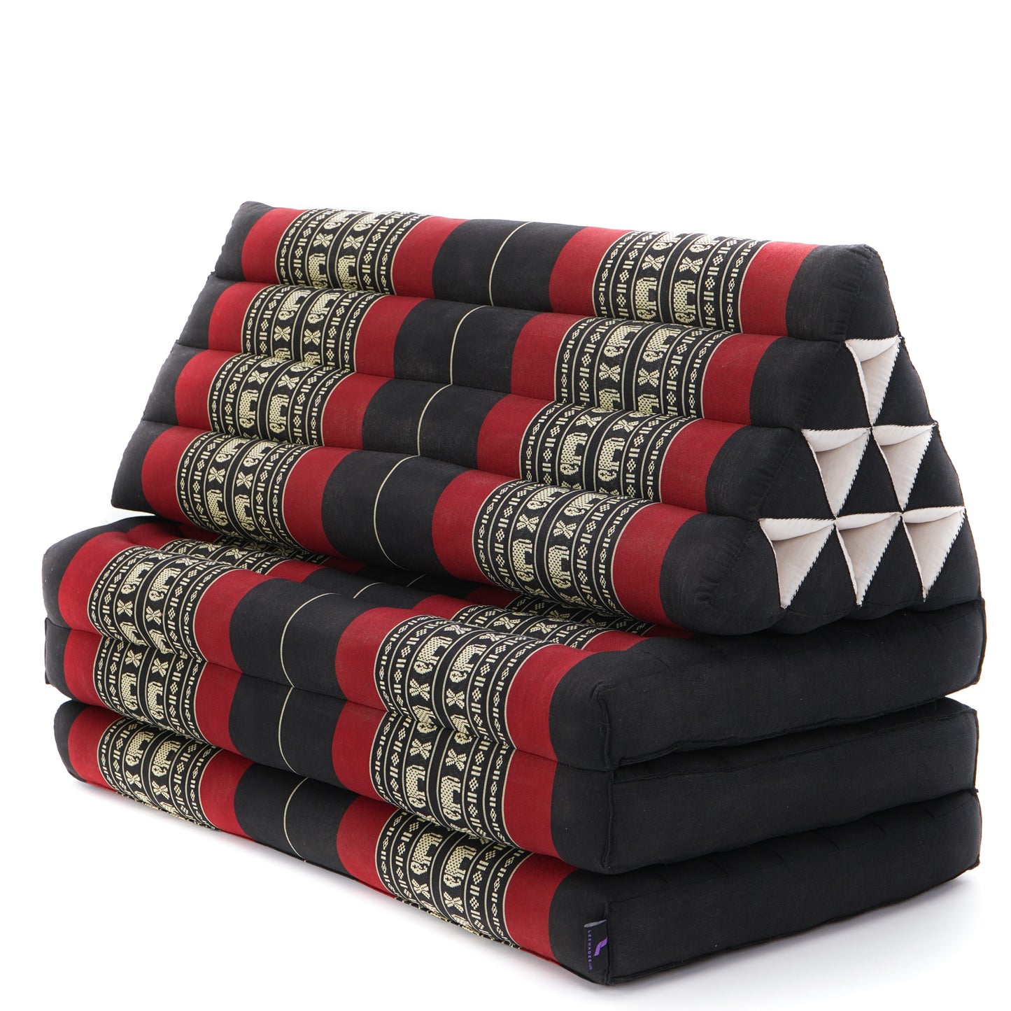 Thai Folding Mat with Triangle Cushion – Handmade Kapok Relax Mat for Sleeping, Reading & Lounging, Sf13 - Red, Black, 3 seating segments XL