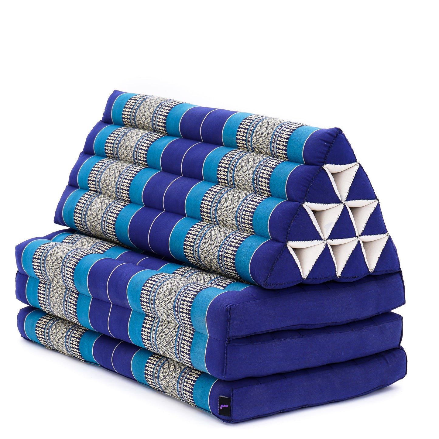 Thai Folding Mat with Triangle Cushion – Handmade Kapok Relax Mat for Sleeping, Reading & Lounging, Sf28 - Blue, 3 seating segments XL