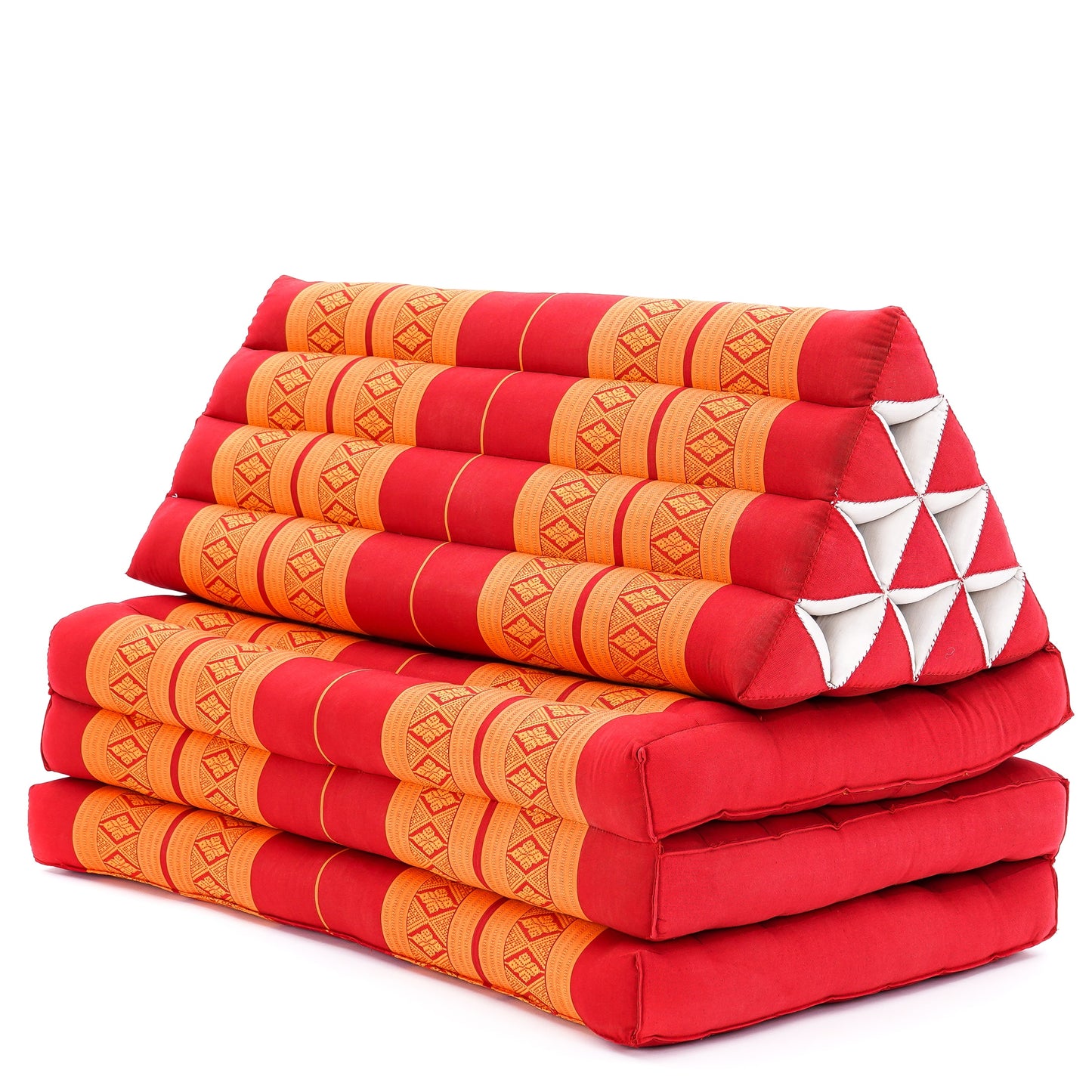 Thai Folding Mat with Triangle Cushion – Handmade Kapok Relax Mat for Sleeping, Reading & Lounging, Sf02 - Orange, 3 seating segments XL