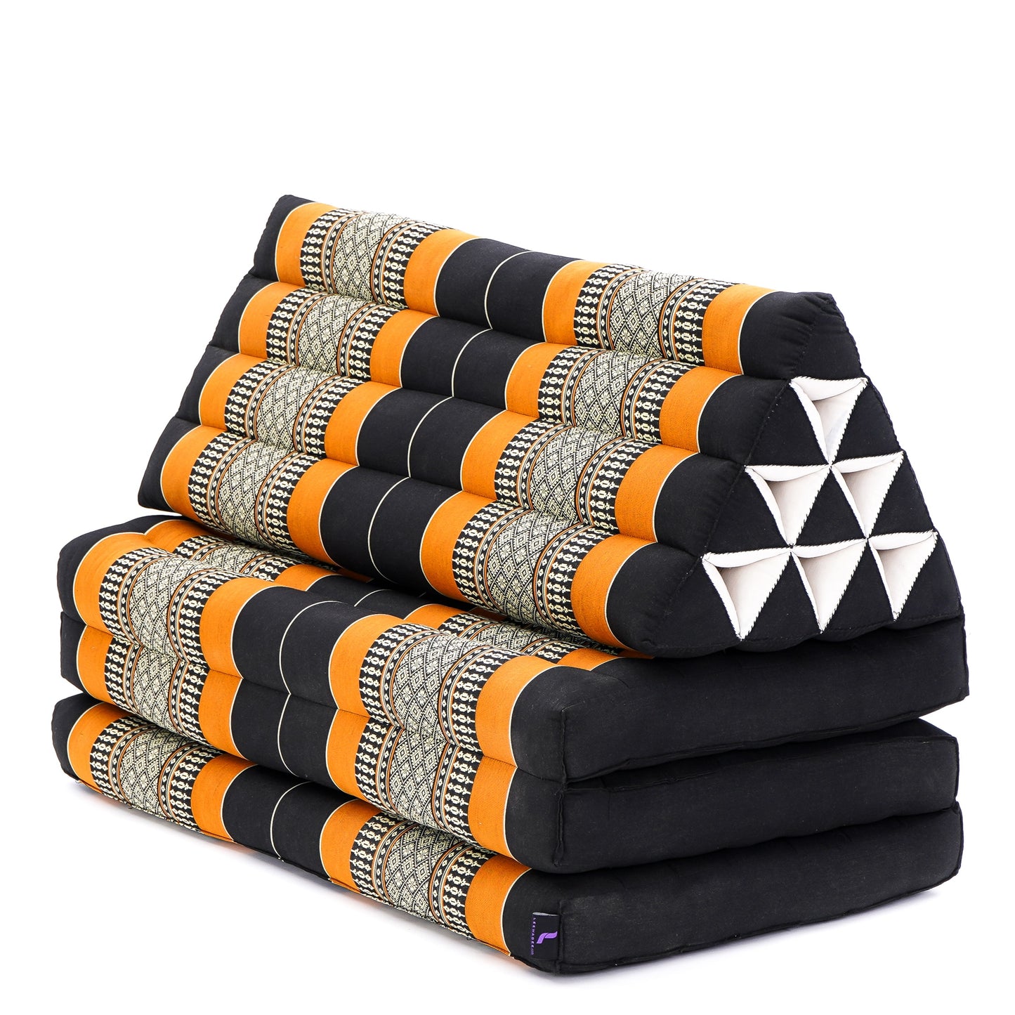 Thai Folding Mat with Triangle Cushion – Handmade Kapok Relax Mat for Sleeping, Reading & Lounging, Sf03 - Black, Orange, 3 seating segments XL