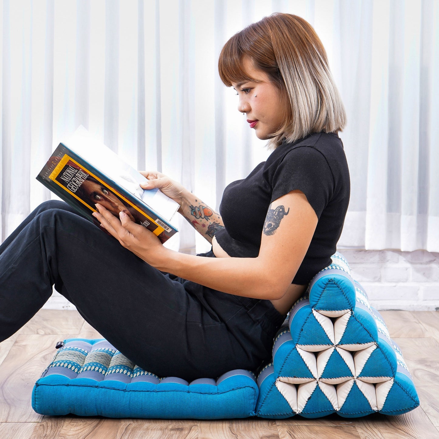 Triangular Kapok Backrest Cushion – Firm Thai Reading Pillow with Cotton Cover in Plain or Patterned Designs, Sf22 - Blue, 1 seating segment