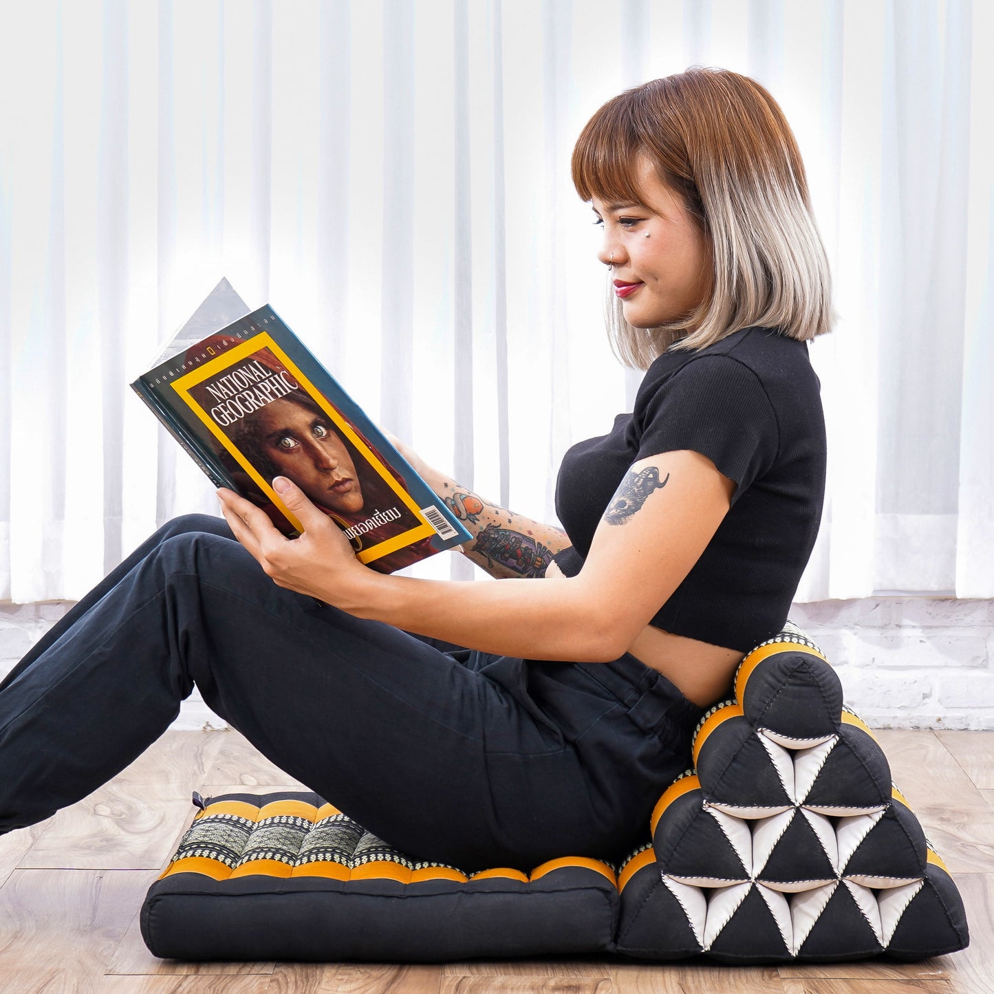 Triangular Kapok Backrest Cushion – Firm Thai Reading Pillow with Cotton Cover in Plain or Patterned Designs, Sf03 - Black, Orange, 1 seating segment