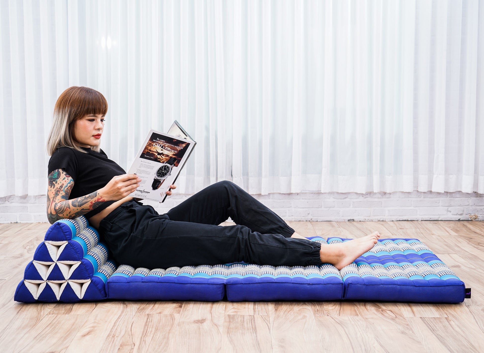 Thai Folding Mat with Triangle Cushion – Handmade Kapok Relax Mat for Sleeping, Reading & Lounging, Sf28 - Blue, 3 seating segments XL