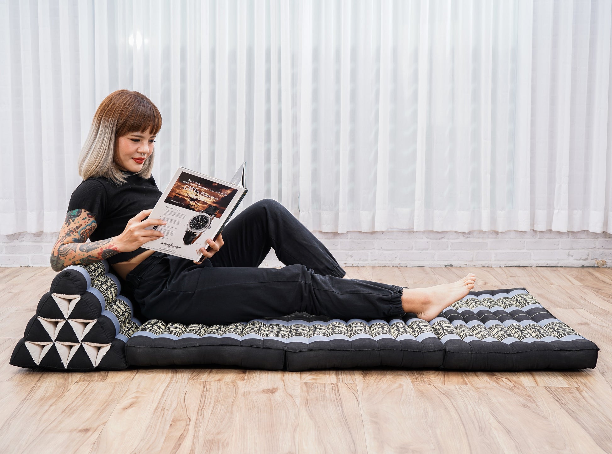 Thai Folding Mat with Triangle Cushion – Handmade Kapok Relax Mat for Sleeping, Reading & Lounging, Sf15 - Blue, 3 seating segments XL