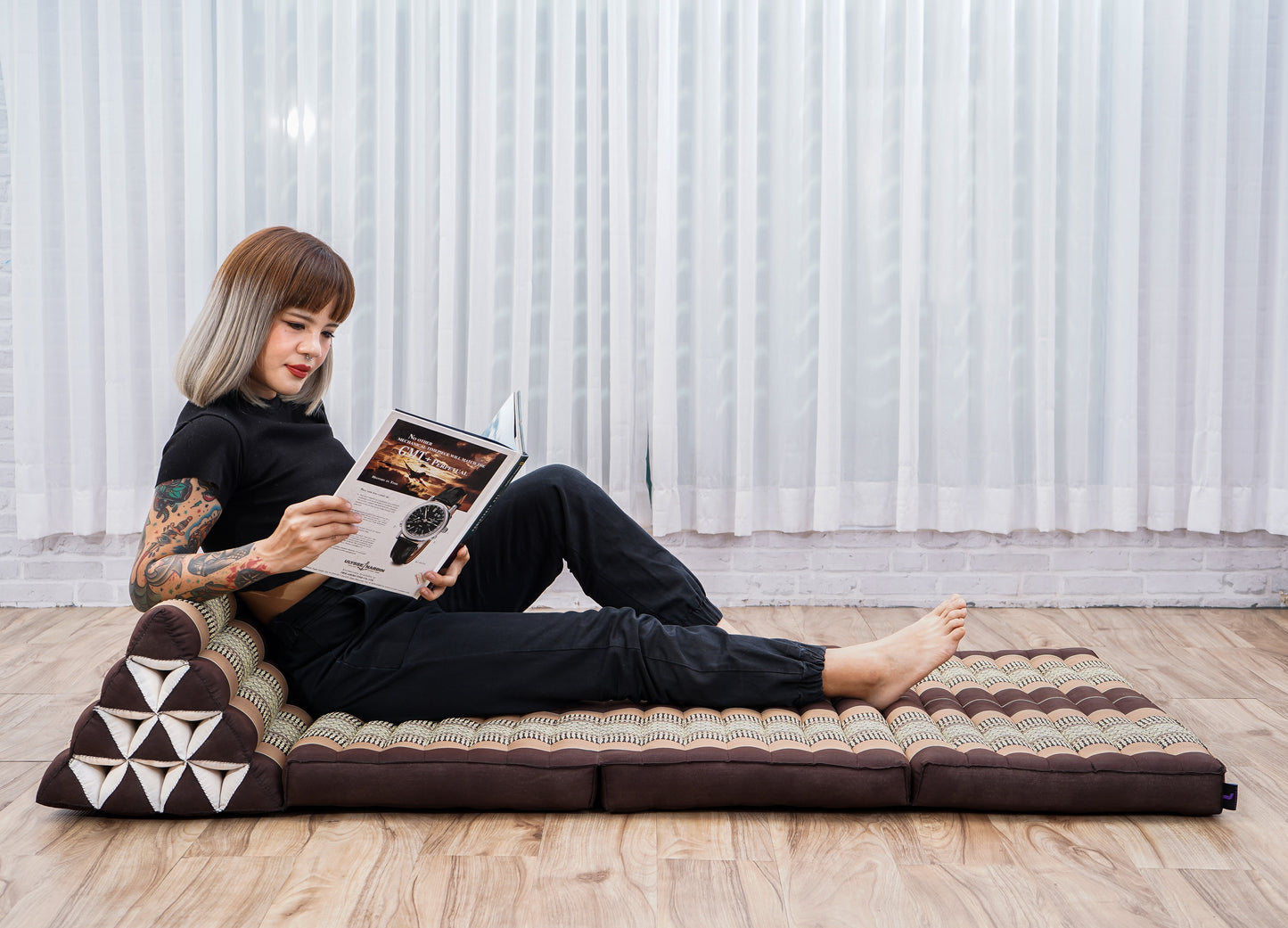 Thai Folding Mat with Triangle Cushion – Handmade Kapok Relax Mat for Sleeping, Reading & Lounging, Sf10 - Brown, 3 seating segments XL