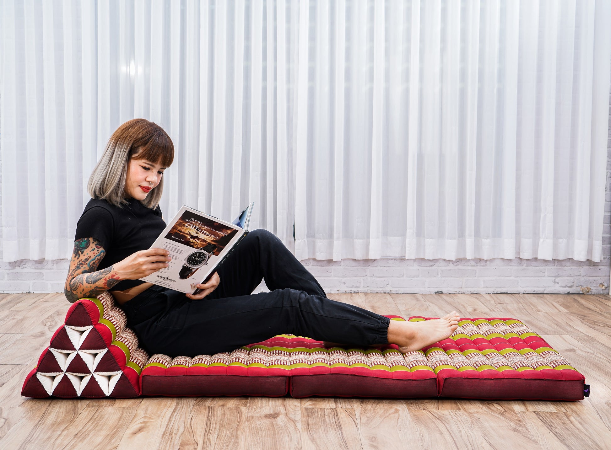 Thai Folding Mat with Triangle Cushion – Handmade Kapok Relax Mat for Sleeping, Reading & Lounging, Sf11 - Red, Green, 3 seating segments XL
