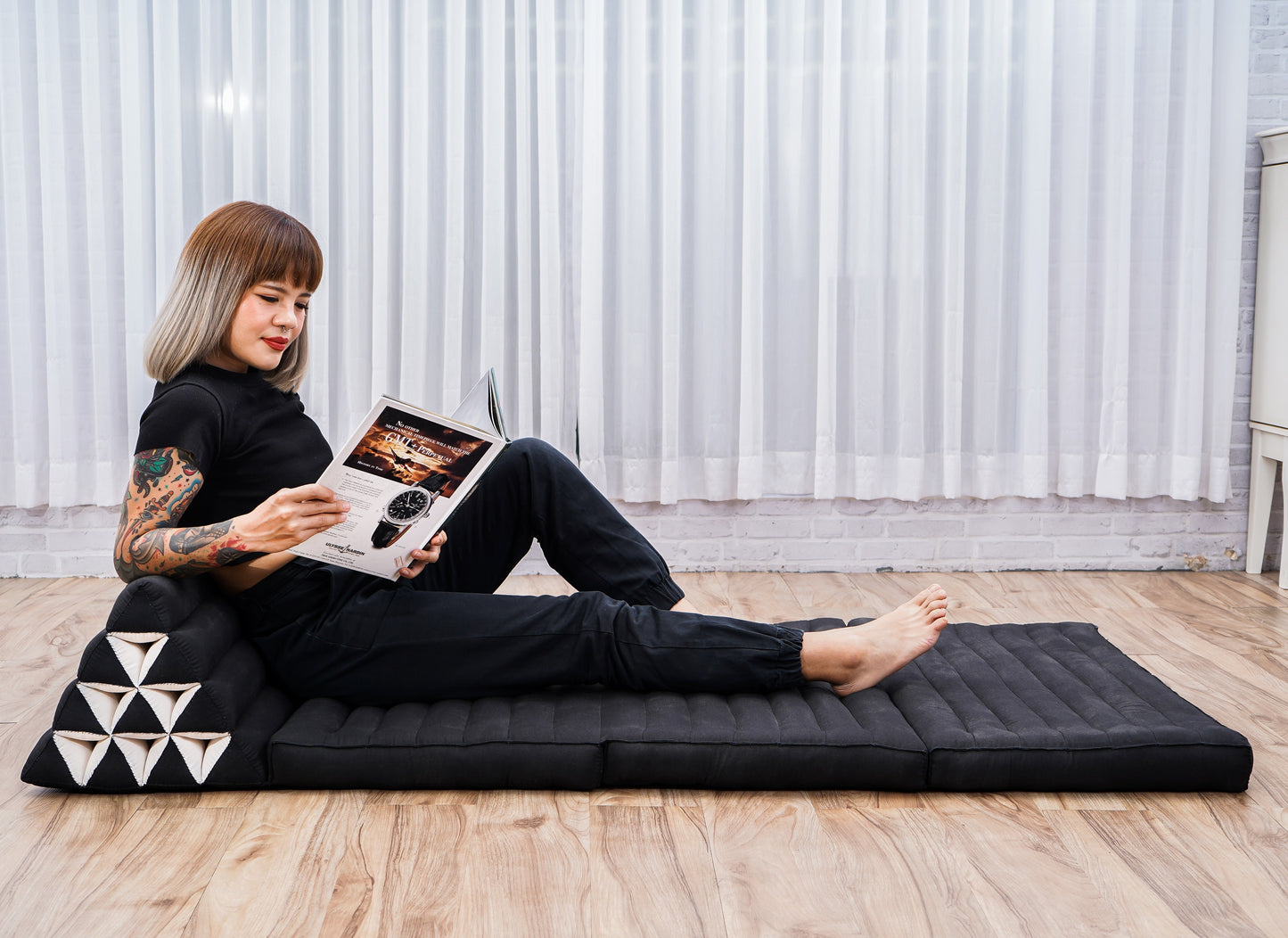Thai Folding Mat with Triangle Cushion – Handmade Kapok Relax Mat for Sleeping, Reading & Lounging, Cl02 - Black, 3 seating segments XL