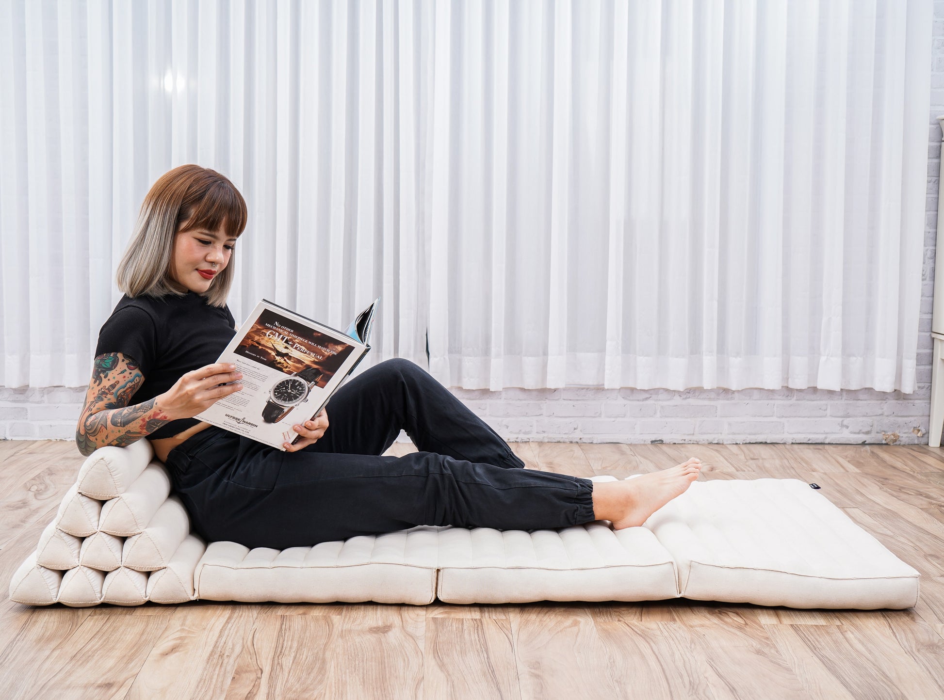 Thai Folding Mat with Triangle Cushion – Handmade Kapok Relax Mat for Sleeping, Reading & Lounging, Cl01 - Ecru, 3 seating segments XL