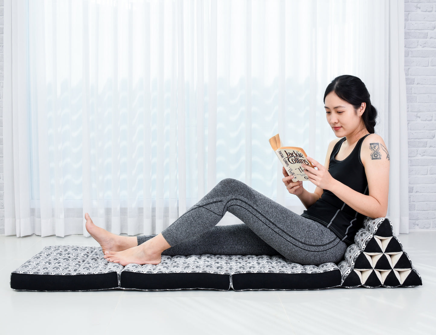 Thai Folding Mat with Triangle Cushion – Handmade Kapok Relax Mat for Sleeping, Reading & Lounging, El2 - Black, 3 seating segments