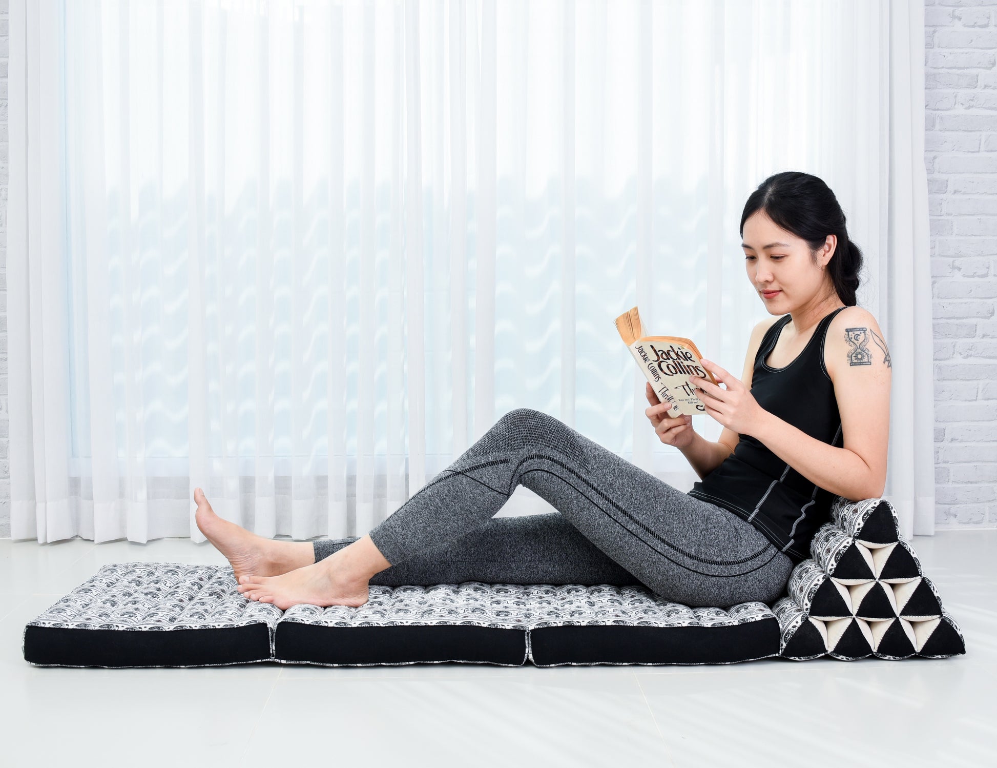 Thai Folding Mat with Triangle Cushion – Handmade Kapok Relax Mat for Sleeping, Reading & Lounging, El2 - Black, 3 seating segments