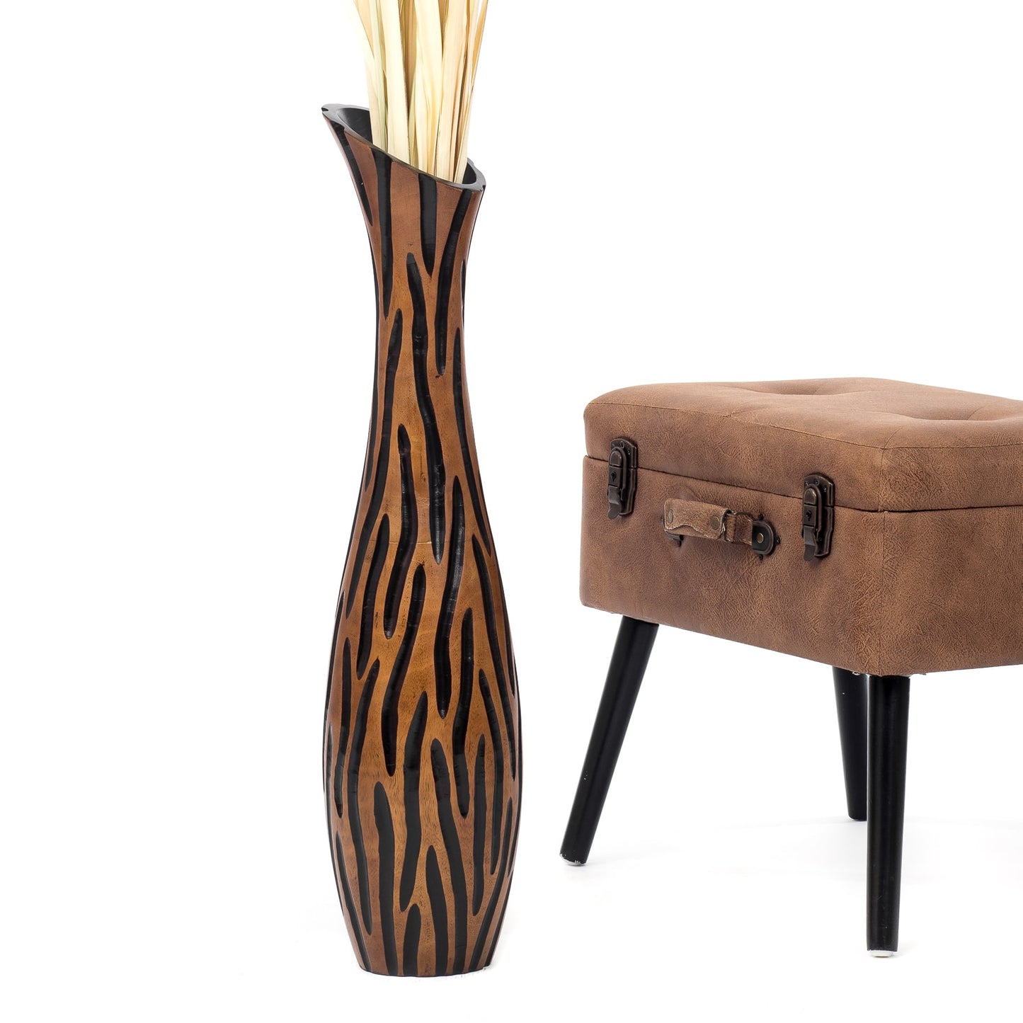 Large Mango Wood Floor Vase – Handcrafted Decorative Highlight from Thailand, brown, black, 65 cm