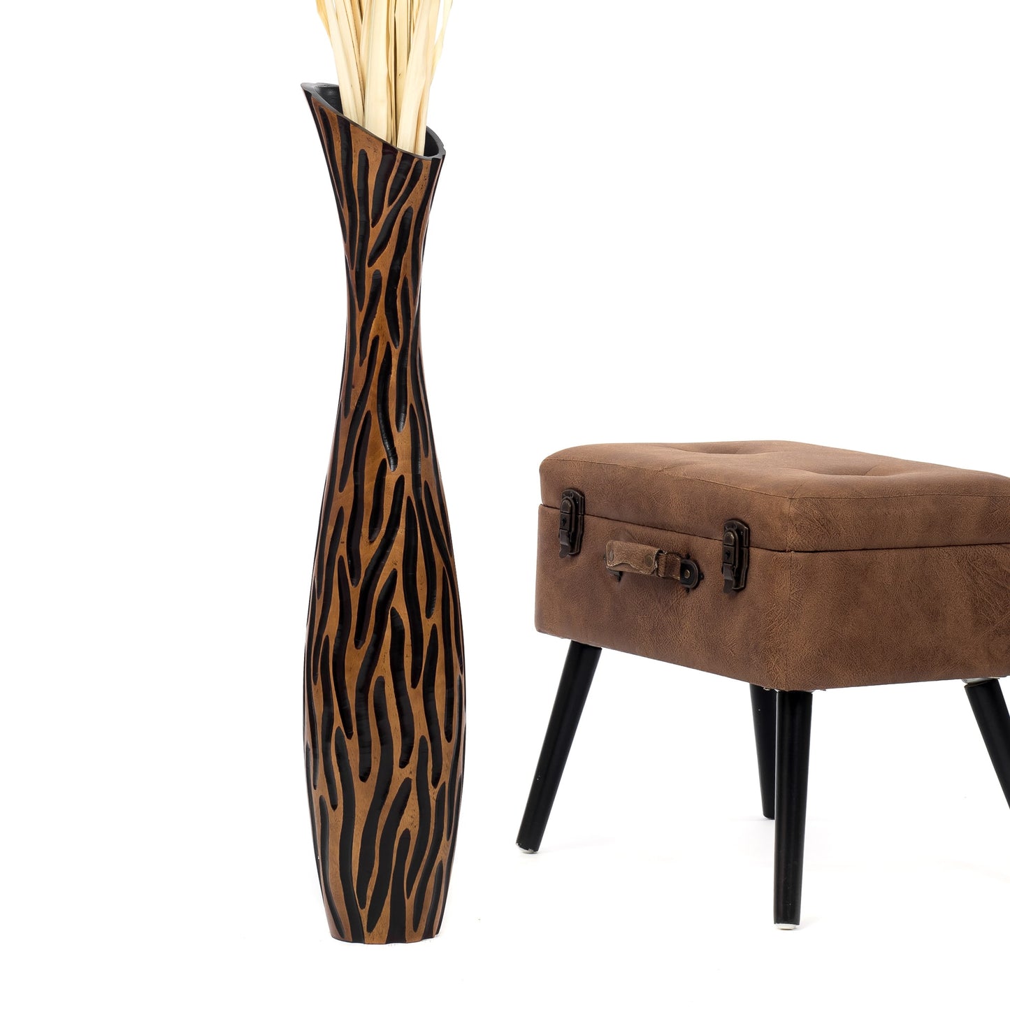 Large Mango Wood Floor Vase – Handcrafted Decorative Highlight from Thailand, brown, black, 85 cm