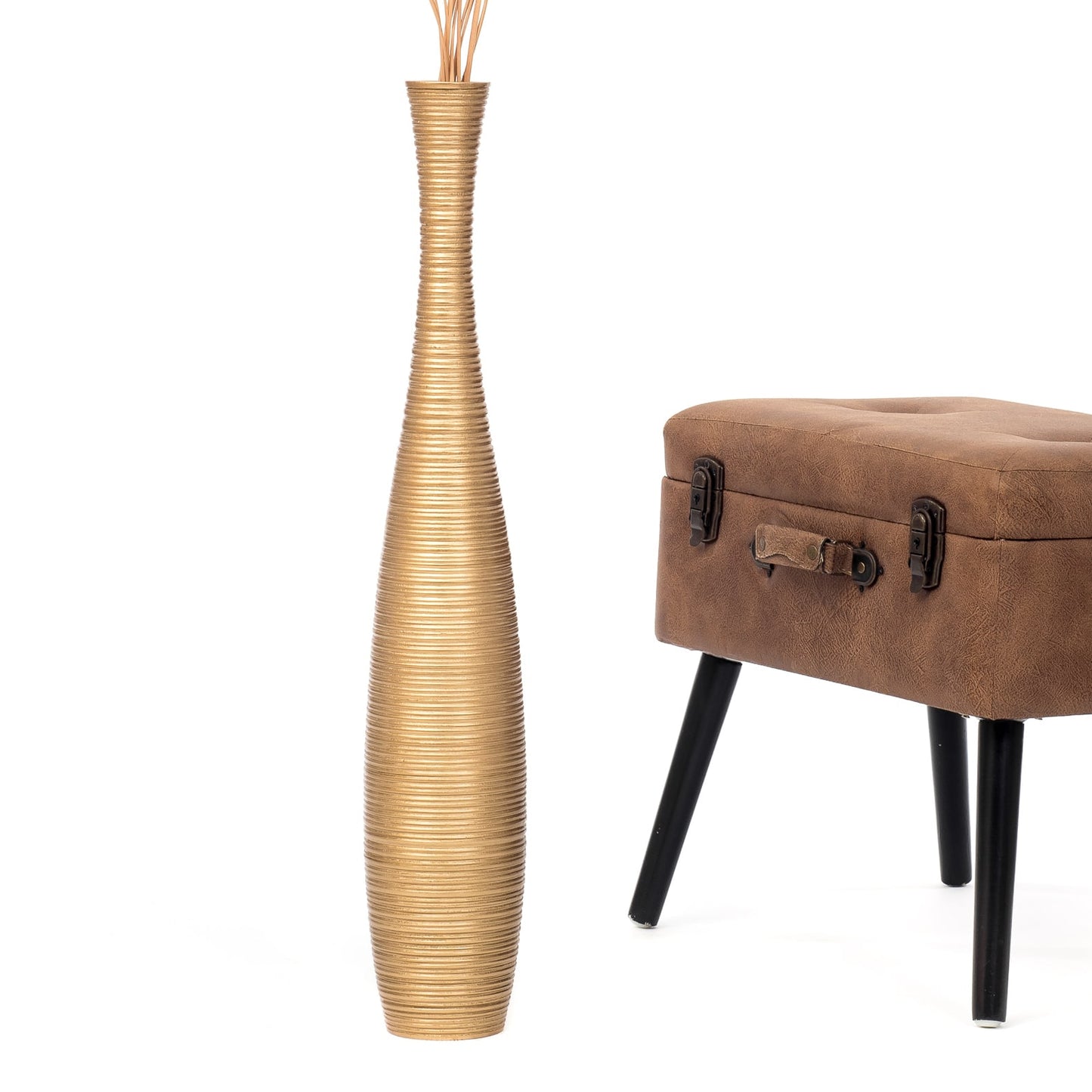 Large Mango Wood Floor Vase – Handcrafted Decorative Highlight from Thailand, gold, 65 cm