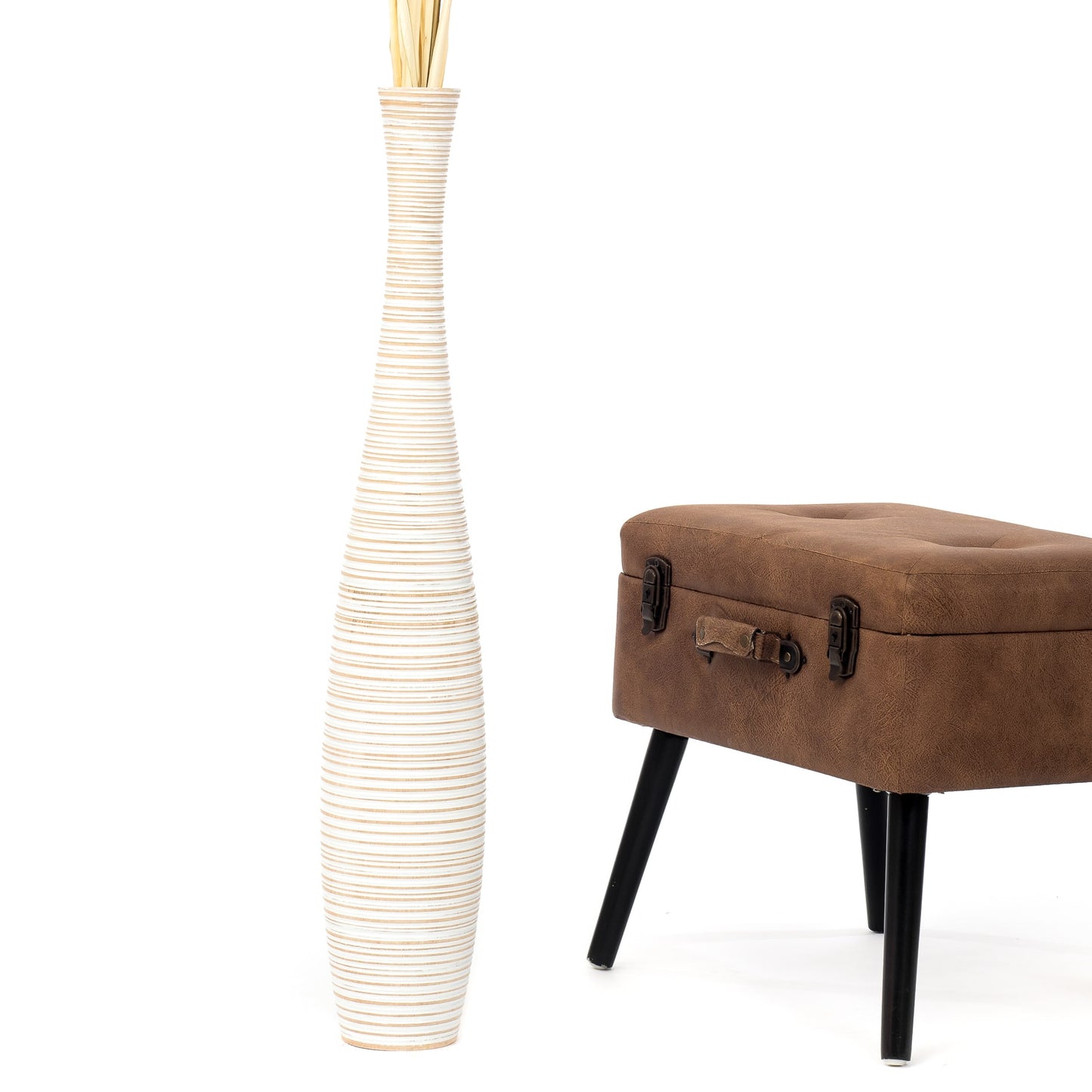 Large Mango Wood Floor Vase – Handcrafted Decorative Highlight from Thailand, white wash, 85 cm