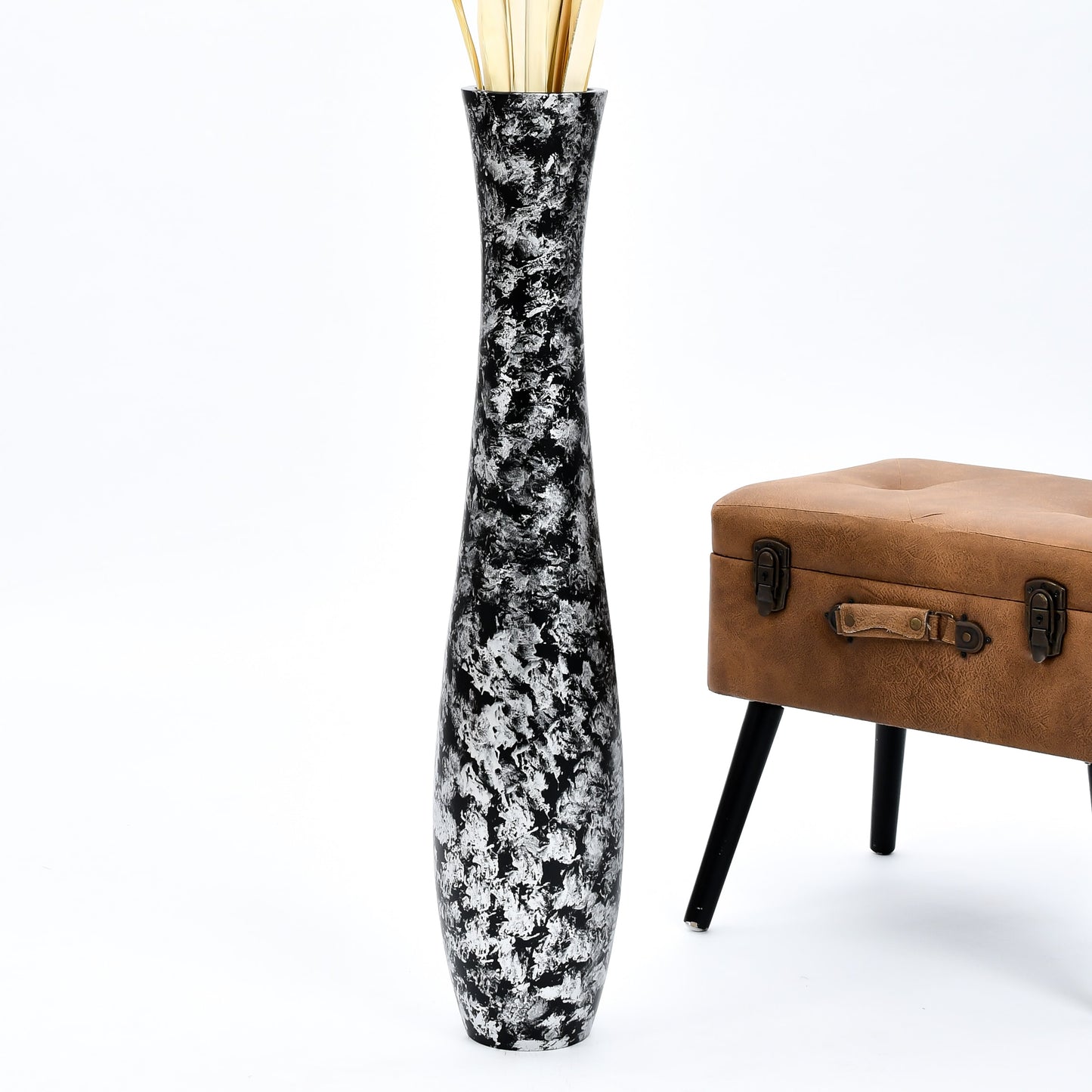 Large Mango Wood Floor Vase – Handcrafted Decorative Highlight from Thailand, silver, black, 85 cm
