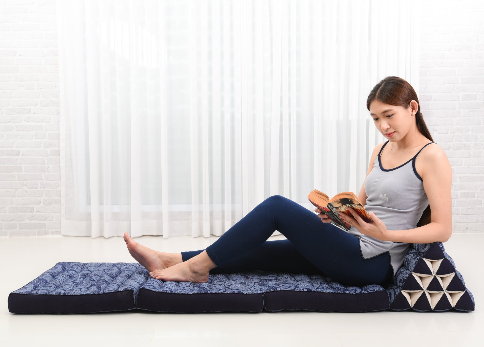 Thai Folding Mat with Triangle Cushion – Handmade Kapok Relax Mat for Sleeping, Reading & Lounging, Cbt1 - Blue, 3 seating segments