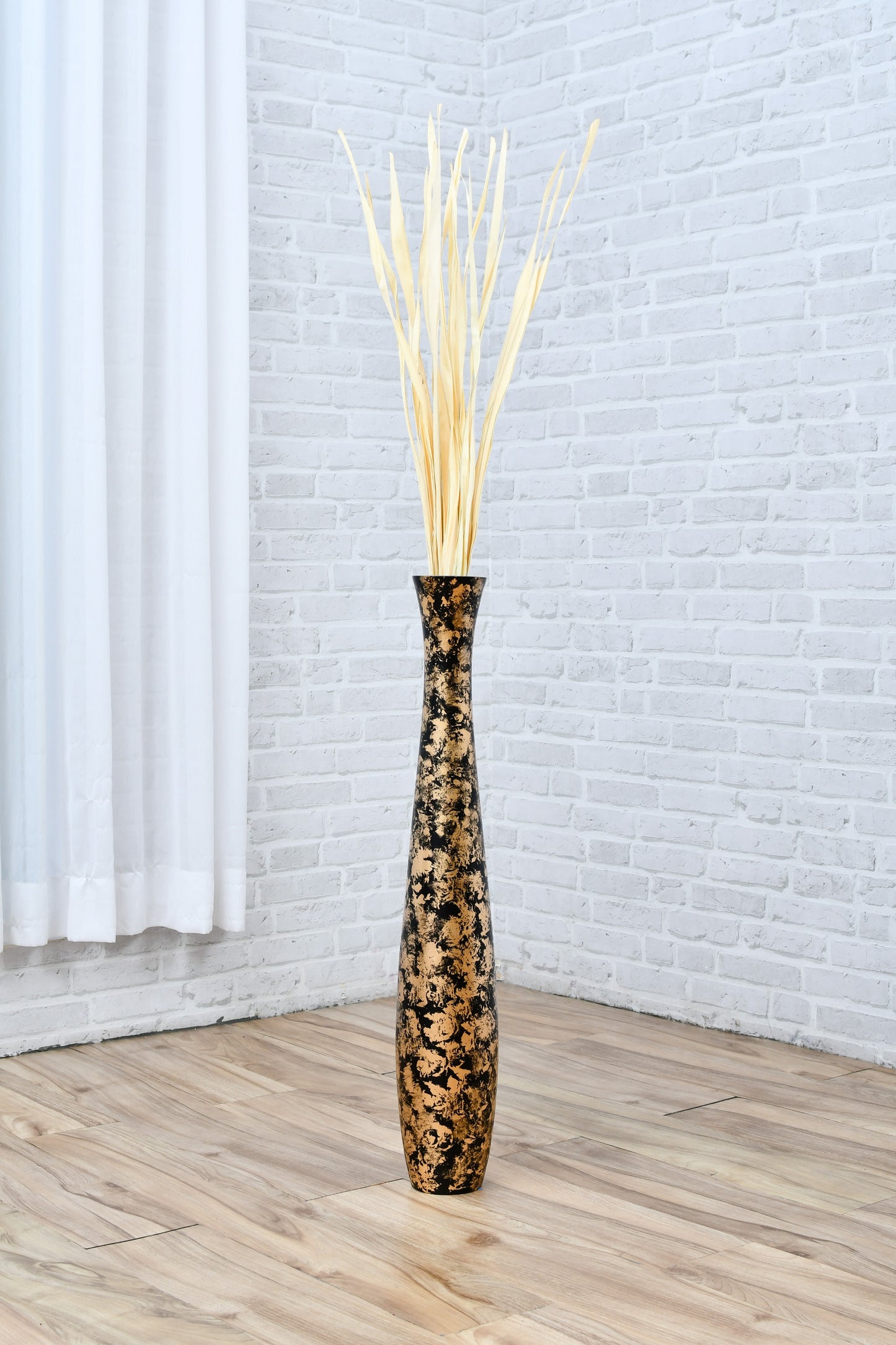 Large Mango Wood Floor Vase – Handcrafted Decorative Highlight from Thailand, gold, black, 65 cm