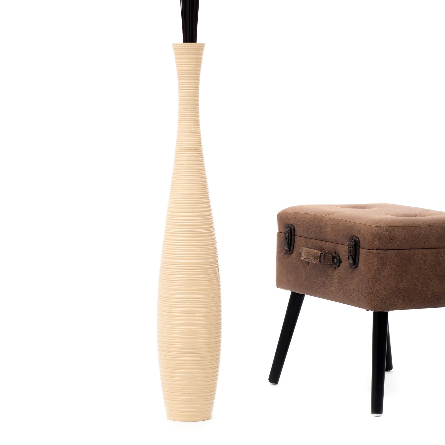 Large Mango Wood Floor Vase – Handcrafted Decorative Highlight from Thailand, cream, 85 cm