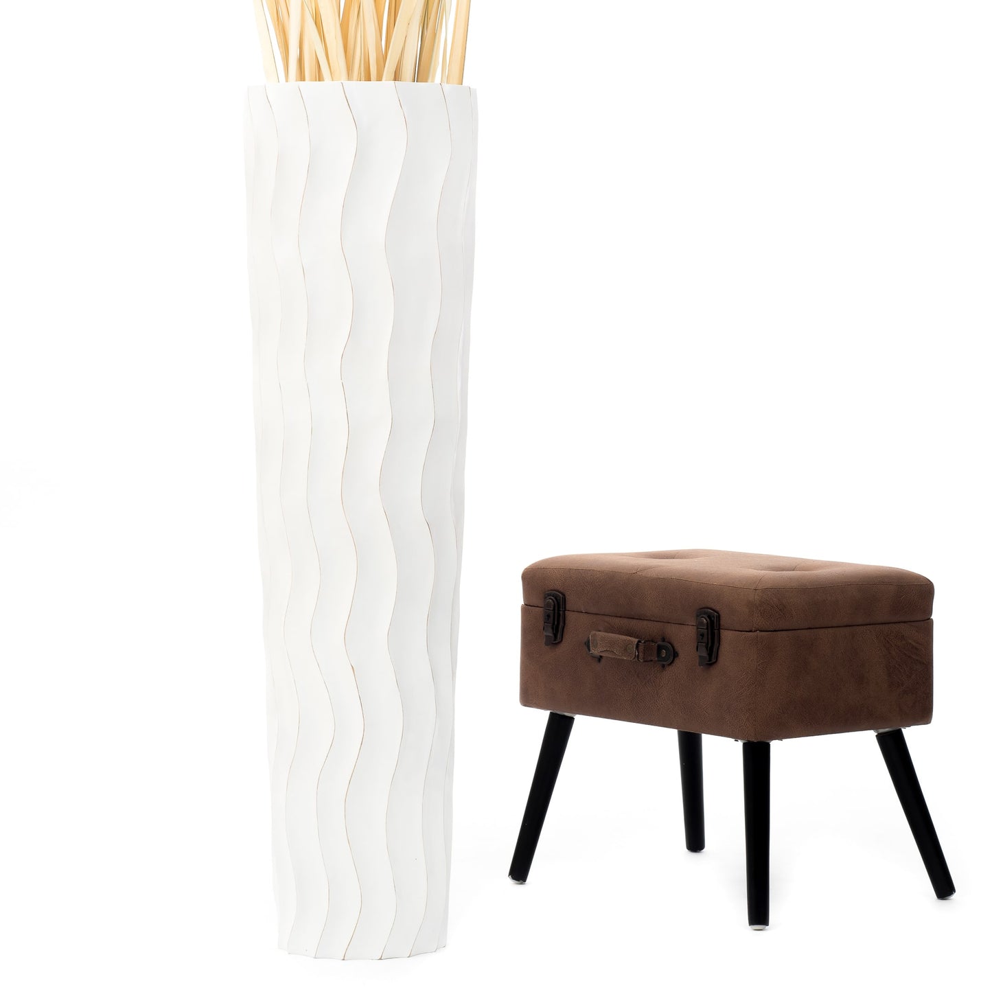 Large Mango Wood Floor Vase – Handcrafted Decorative Highlight from Thailand, white wash, 105 cm