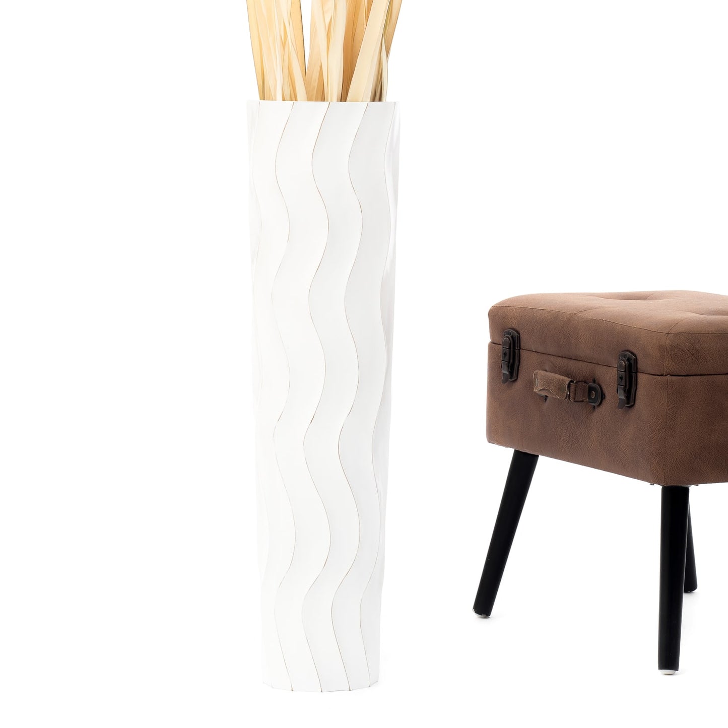 Large Mango Wood Floor Vase – Handcrafted Decorative Highlight from Thailand, white wash, 65 cm