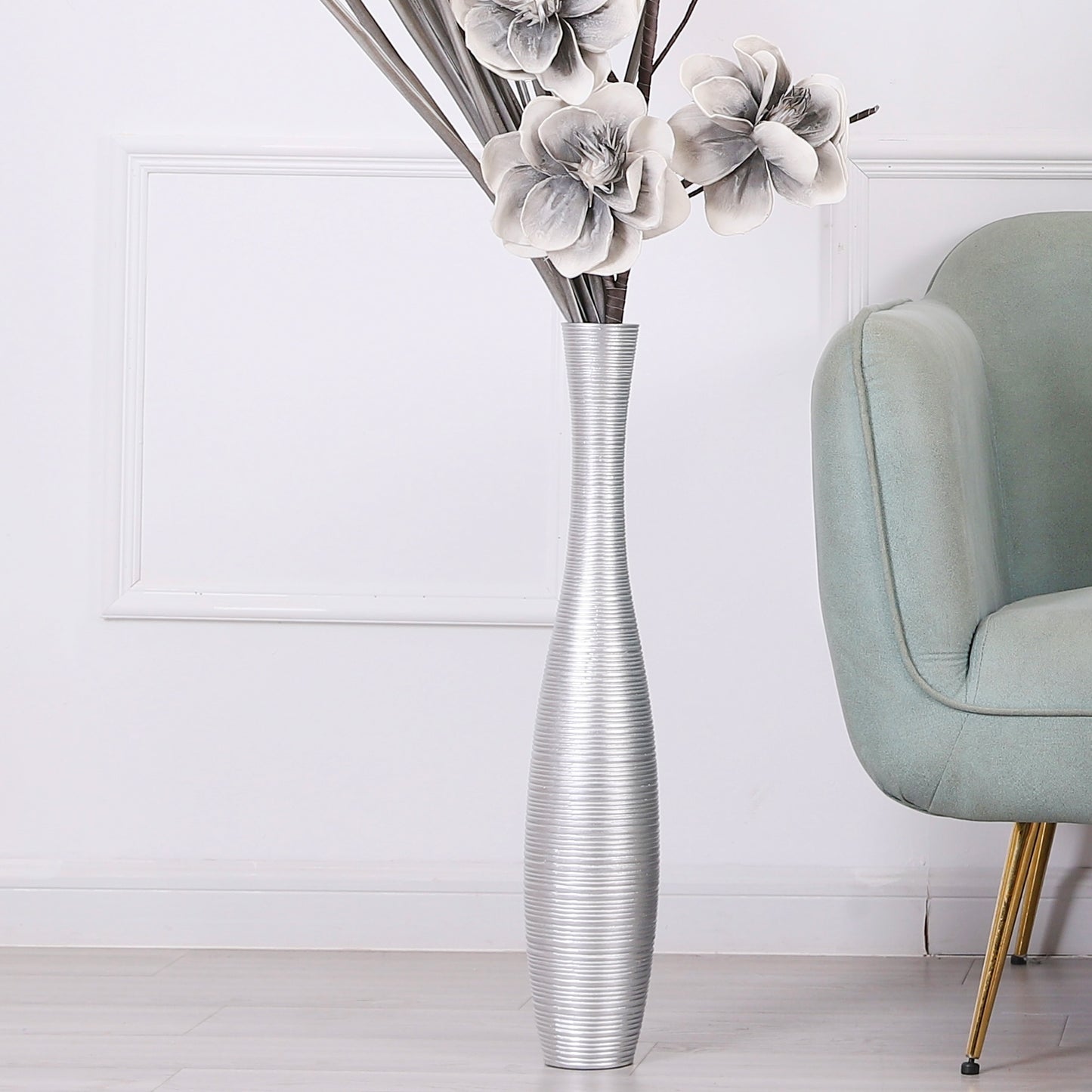Large Resin Floor Vase – Stylish Waterproof Vase for Fresh & Dried Flowers, silver, 65 cm