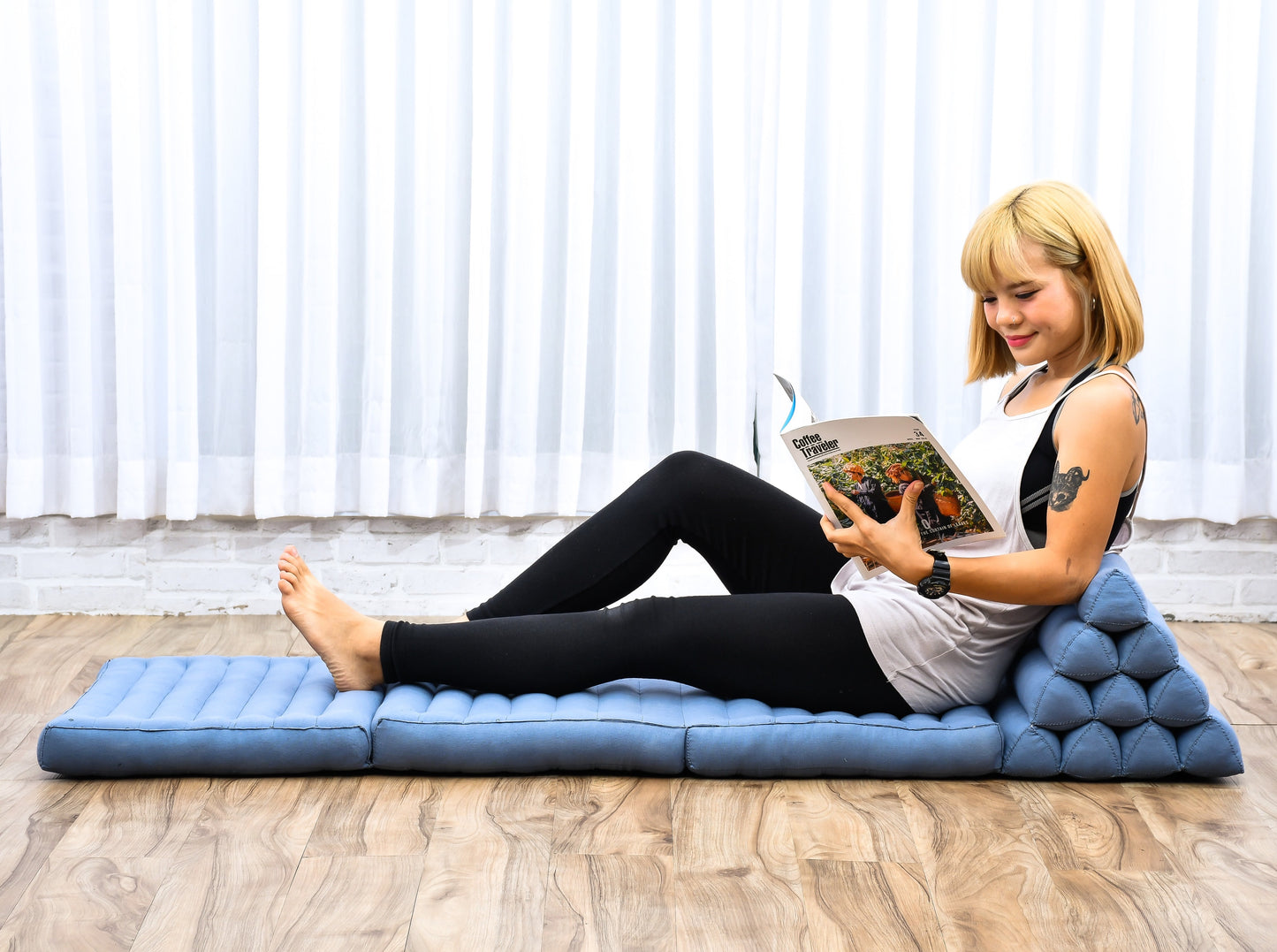 Thai Folding Mat with Triangle Cushion – Handmade Kapok Relax Mat for Sleeping, Reading & Lounging, Cl13 - Grey, 3 seating segments