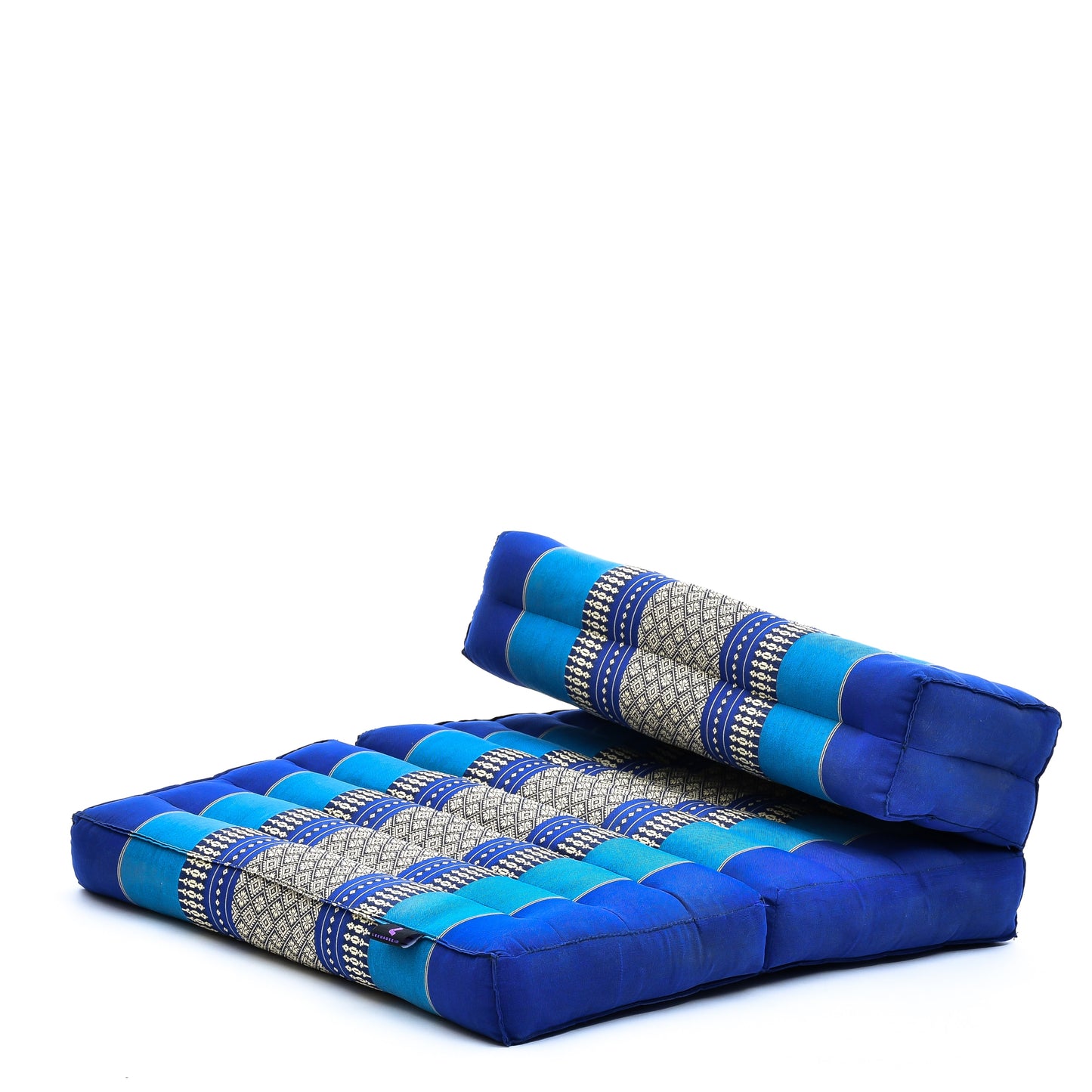 Foldable Meditation Cushion – Compact Kapok Seat with Foot Pad and Cotton Cover in Solid Colors or Thai Pattern, Sf28 - Blue