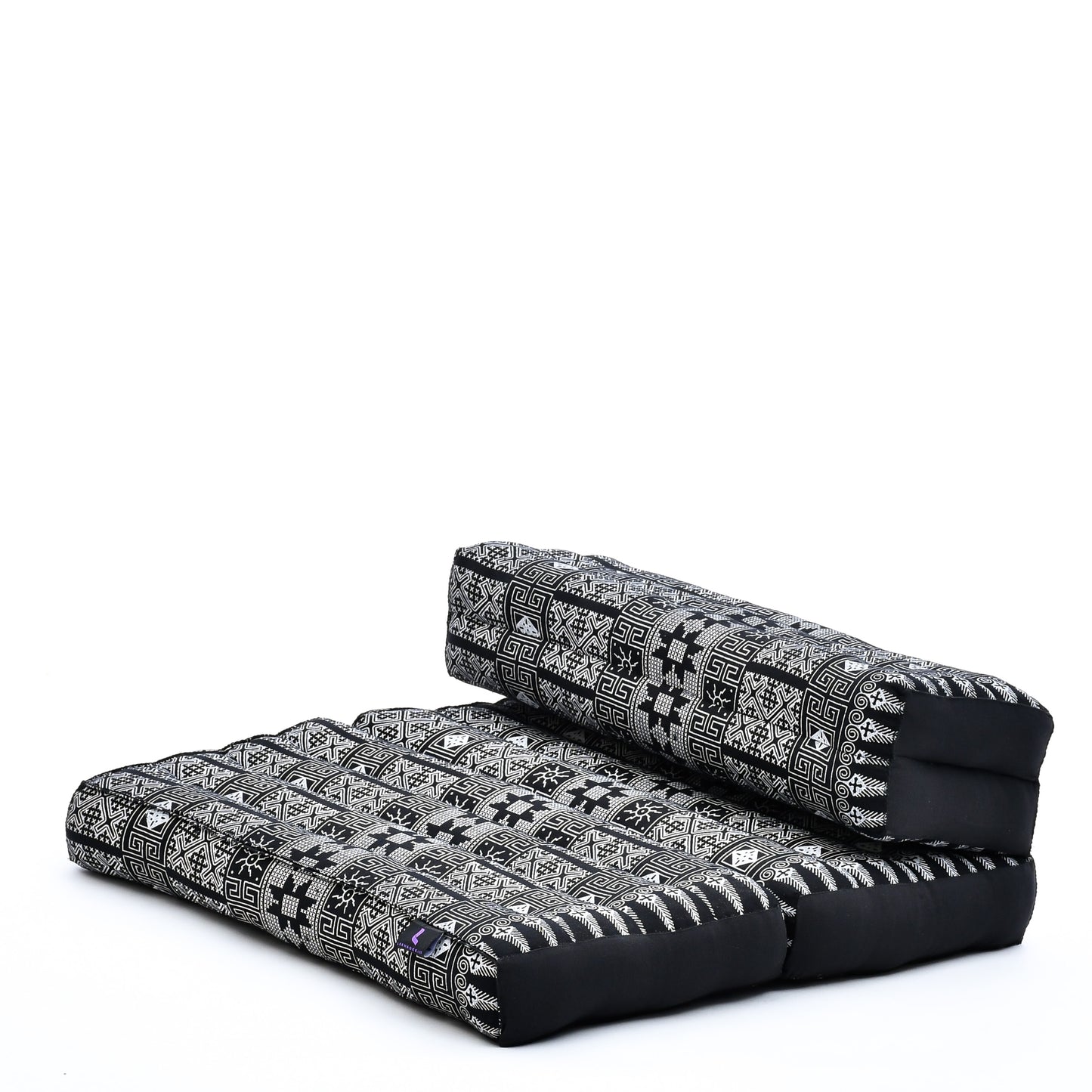 Foldable Meditation Cushion – Compact Kapok Seat with Foot Pad and Cotton Cover in Solid Colors or Thai Pattern, Cbt4 - Black