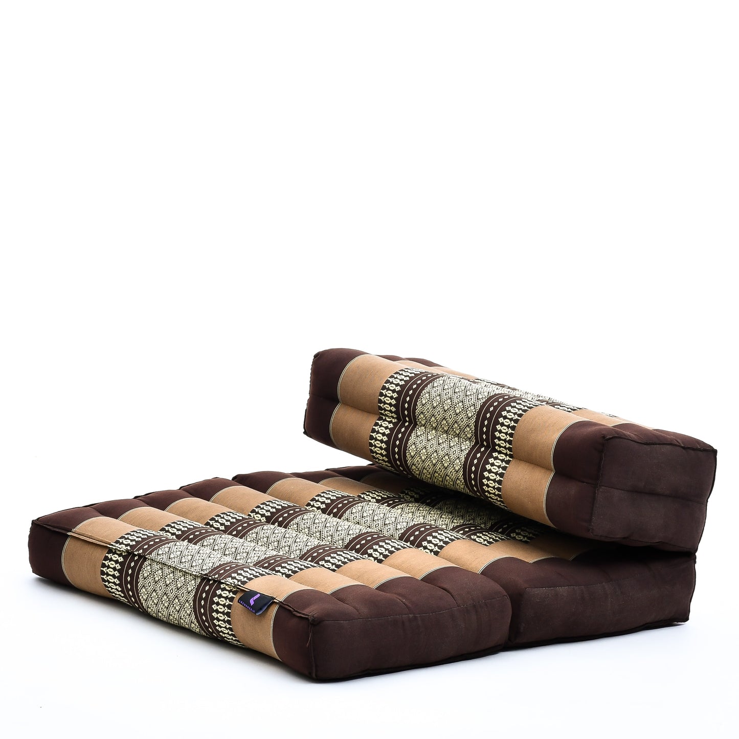 Foldable Meditation Cushion – Compact Kapok Seat with Foot Pad and Cotton Cover in Solid Colors or Thai Pattern, Sf10 - Brown
