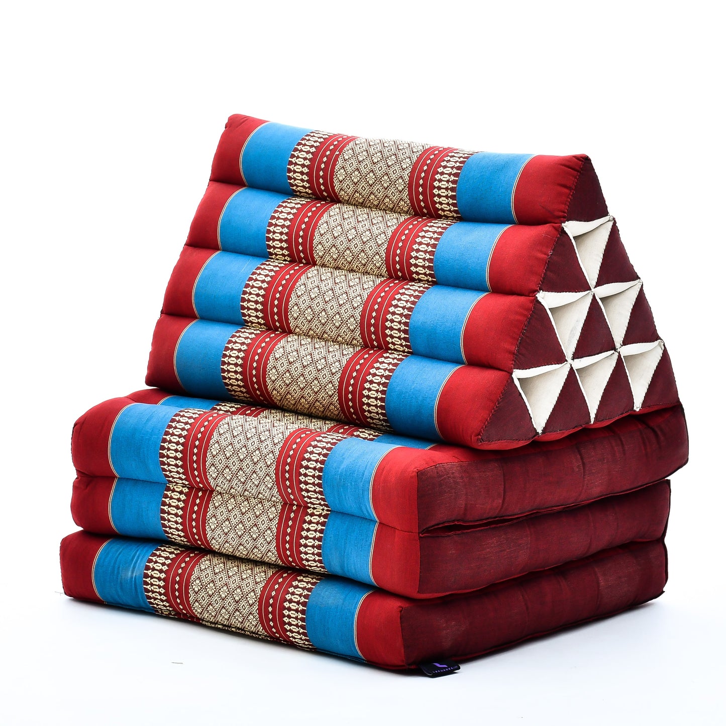 Thai Folding Mat with Triangle Cushion – Handmade Kapok Relax Mat for Sleeping, Reading & Lounging, Sf27 - Blue, Red, 3 seating segments