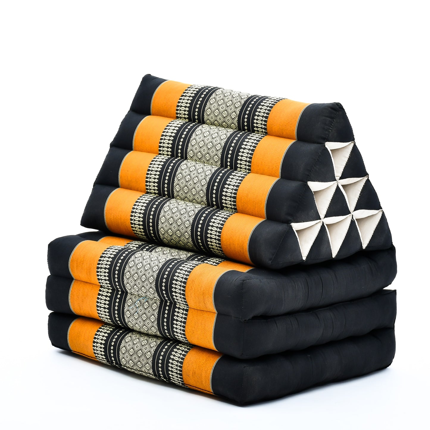 Thai Folding Mat with Triangle Cushion – Handmade Kapok Relax Mat for Sleeping, Reading & Lounging, Sf03 - Black, Orange, 3 seating segments