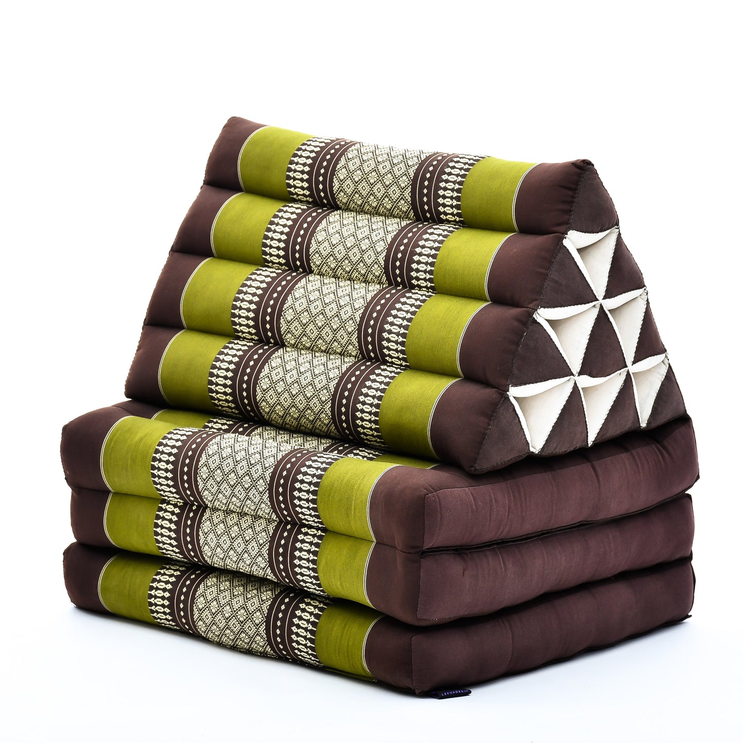 Thai Folding Mat with Triangle Cushion – Handmade Kapok Relax Mat for Sleeping, Reading & Lounging, Sf20 - Brown, Green, 3 seating segments