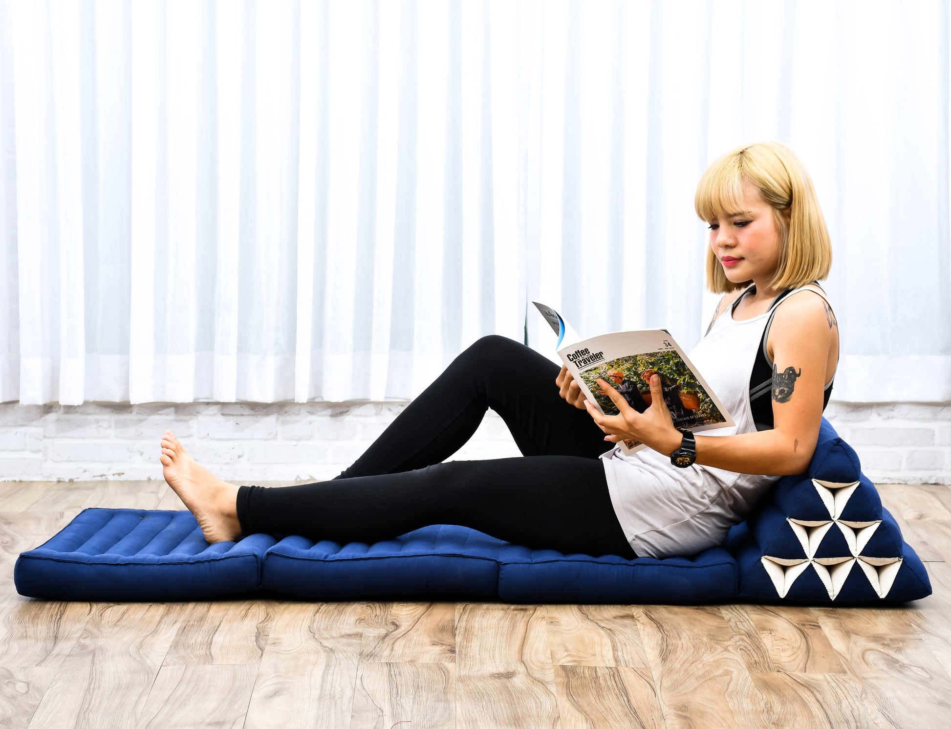 Thai Folding Mat with Triangle Cushion – Handmade Kapok Relax Mat for Sleeping, Reading & Lounging, Cl44 - blue, 3 seating segments