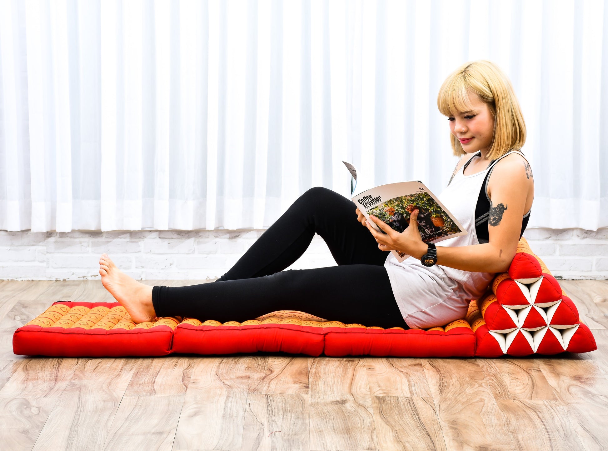 Thai Folding Mat with Triangle Cushion – Handmade Kapok Relax Mat for Sleeping, Reading & Lounging, Sf02 - Orange, 3 seating segments