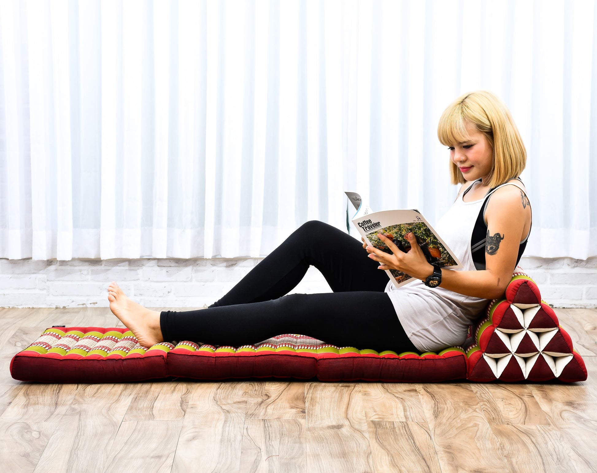 Thai Folding Mat with Triangle Cushion – Handmade Kapok Relax Mat for Sleeping, Reading & Lounging, Sf11 - Red, Green, 3 seating segments