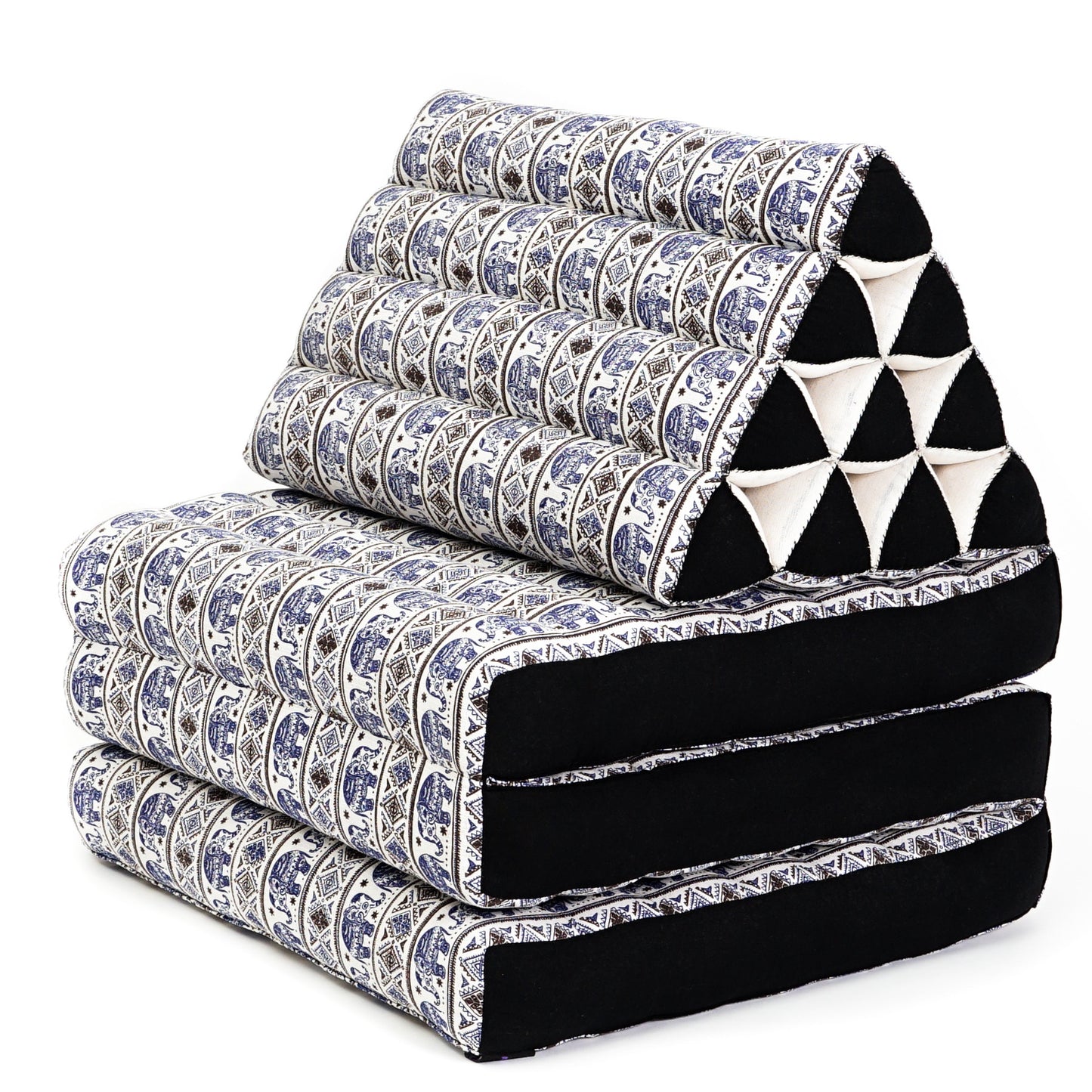 Thai Folding Mat with Triangle Cushion – Handmade Kapok Relax Mat for Sleeping, Reading & Lounging, El1 - Blue, 3 seating segments