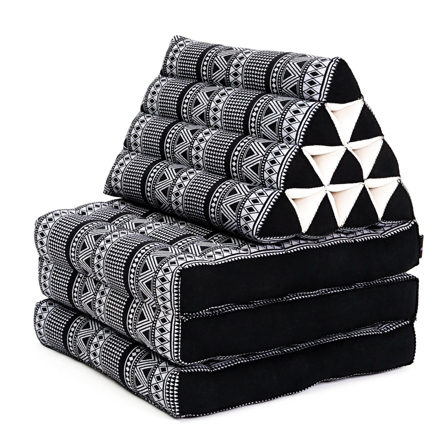 Thai Folding Mat with Triangle Cushion – Handmade Kapok Relax Mat for Sleeping, Reading & Lounging, Cbt3 - Black, 4 seating segments