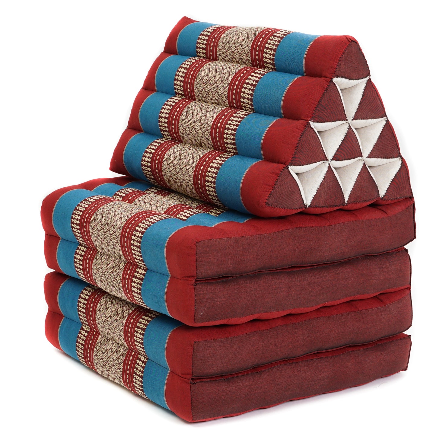 Thai Folding Mat with Triangle Cushion – Handmade Kapok Relax Mat for Sleeping, Reading & Lounging, Sf27 - Blue, Red, 4 seating segments