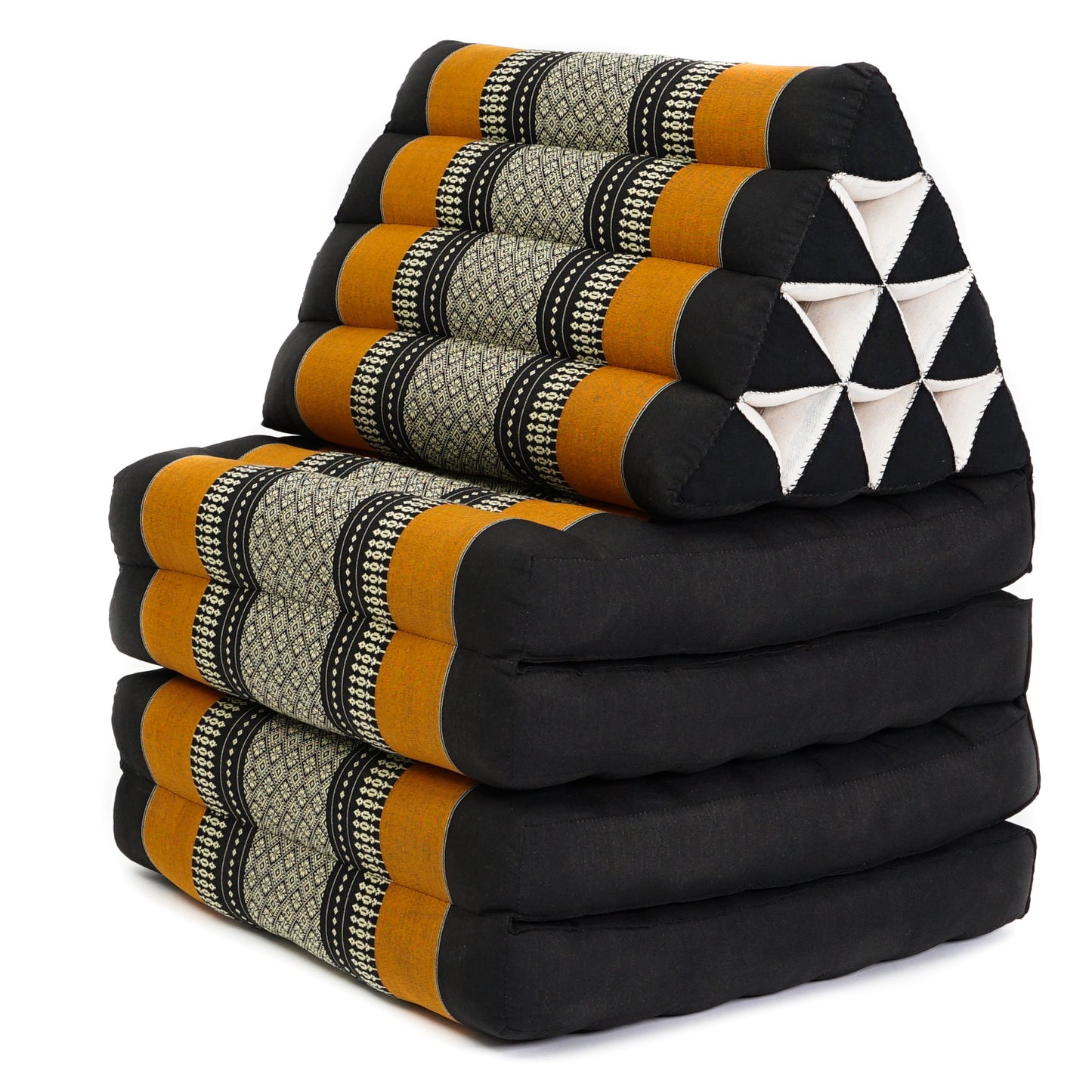 Thai Folding Mat with Triangle Cushion – Handmade Kapok Relax Mat for Sleeping, Reading & Lounging, Sf03 - Black, Orange, 4 seating segments