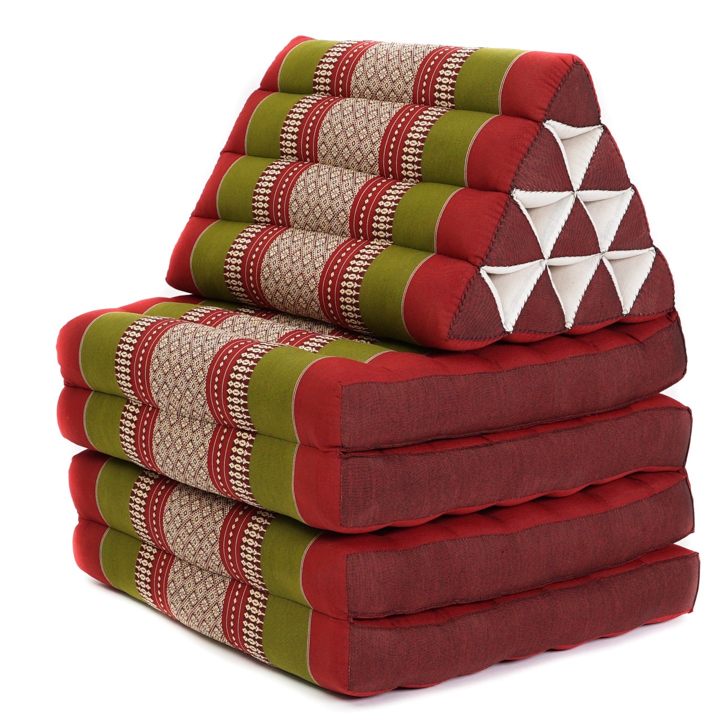 Thai Folding Mat with Triangle Cushion – Handmade Kapok Relax Mat for Sleeping, Reading & Lounging, Sf11 - Red, Green, 4 seating segments