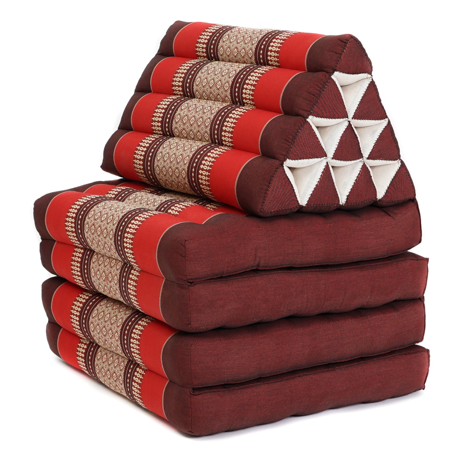 Thai Folding Mat with Triangle Cushion – Handmade Kapok Relax Mat for Sleeping, Reading & Lounging, Sf24 - Red, Brown, 4 seating segments