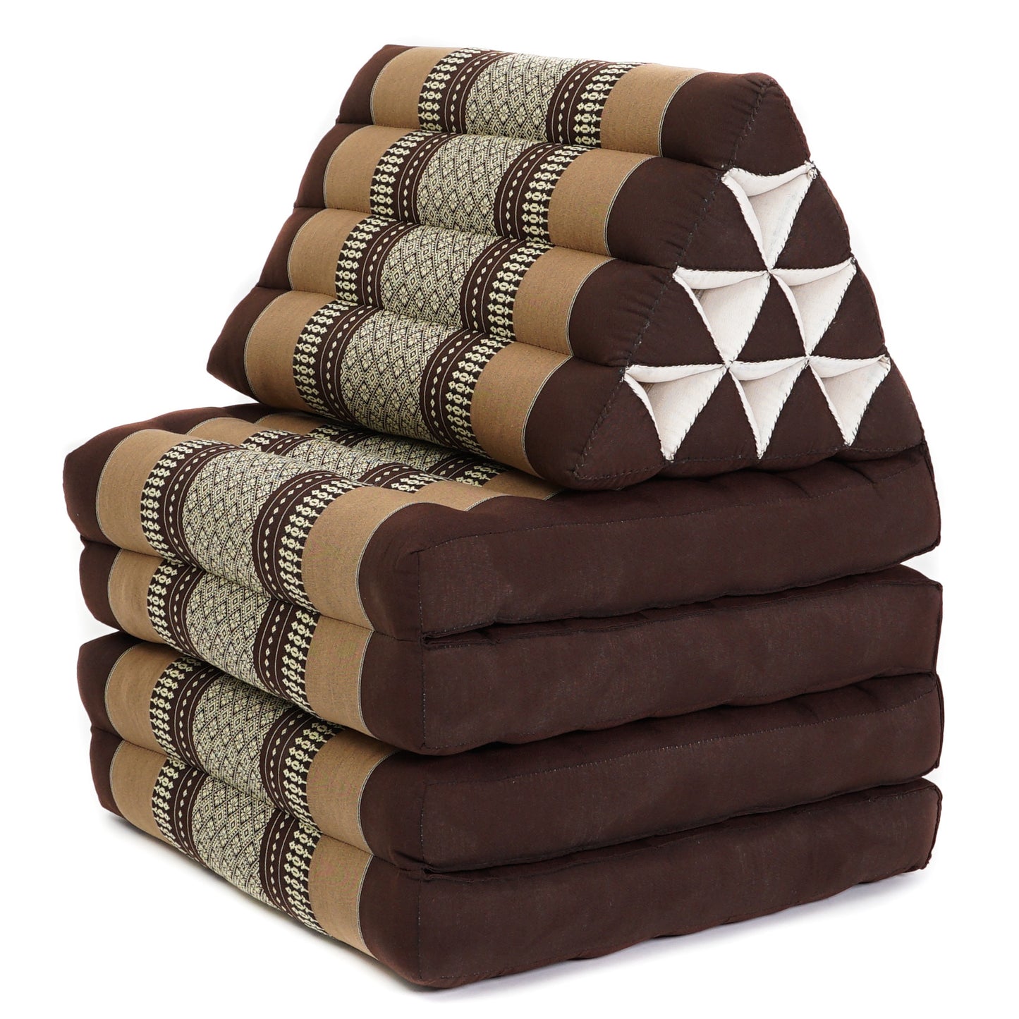 Thai Folding Mat with Triangle Cushion – Handmade Kapok Relax Mat for Sleeping, Reading & Lounging, Sf10 - Brown, 4 seating segments