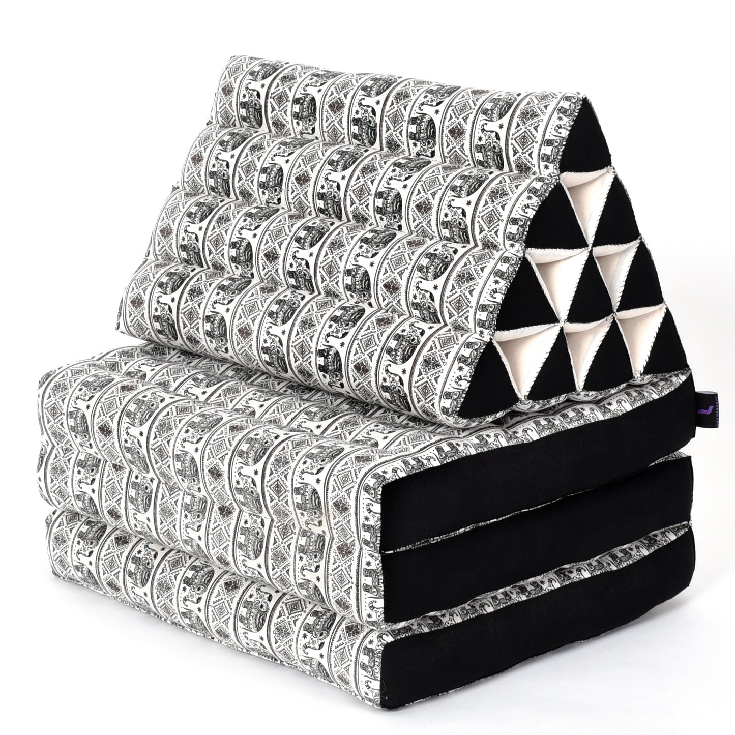 Thai Folding Mat with Triangle Cushion – Handmade Kapok Relax Mat for Sleeping, Reading & Lounging, El2 - Black, 3 seating segments