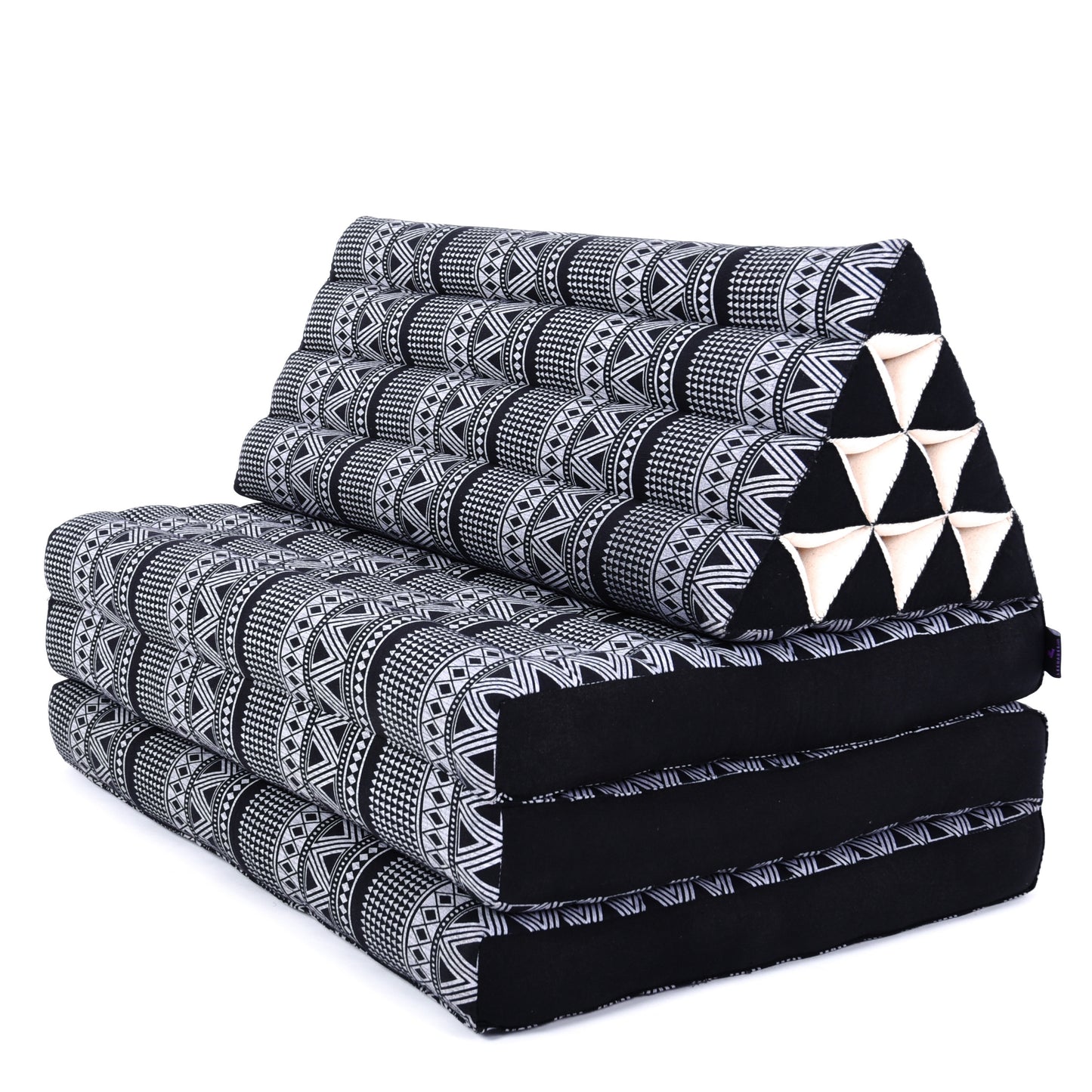 Thai Folding Mat with Triangle Cushion – Handmade Kapok Relax Mat for Sleeping, Reading & Lounging, Cbt3 - Black, 3 seating segments XL