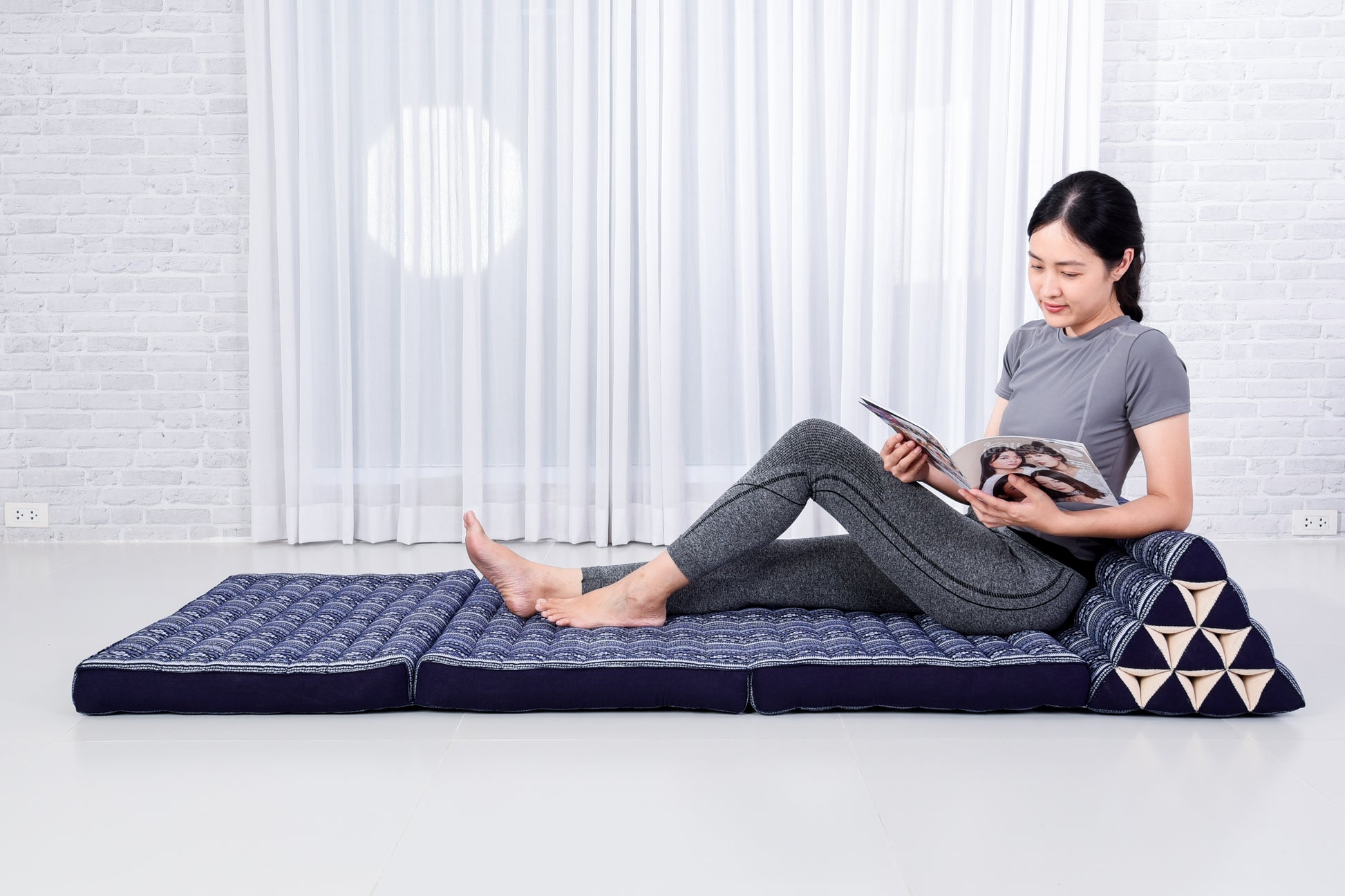 Thai Folding Mat with Triangle Cushion – Handmade Kapok Relax Mat for Sleeping, Reading & Lounging, Cbt2 - Dark Blue, 3 seating segments XL